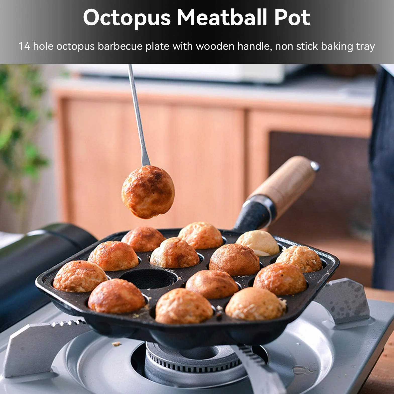 Takoyaki Maker 14 Fori Grill Pan Aebleskiver Padella Antiaderente Manico Legno