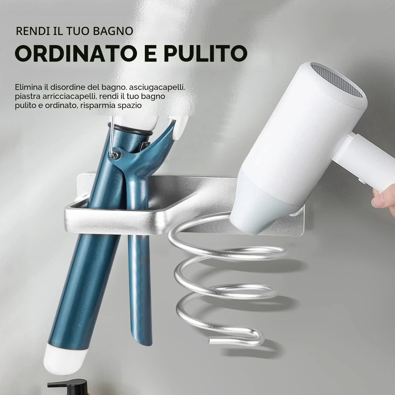 YUET Supporto per asciugacapelli, Porta Asciugacapelli da Parete Alluminio con Viti di Fissaggio per Asciugacapelli per Camere da Letto Toilette Barbiere Argentato