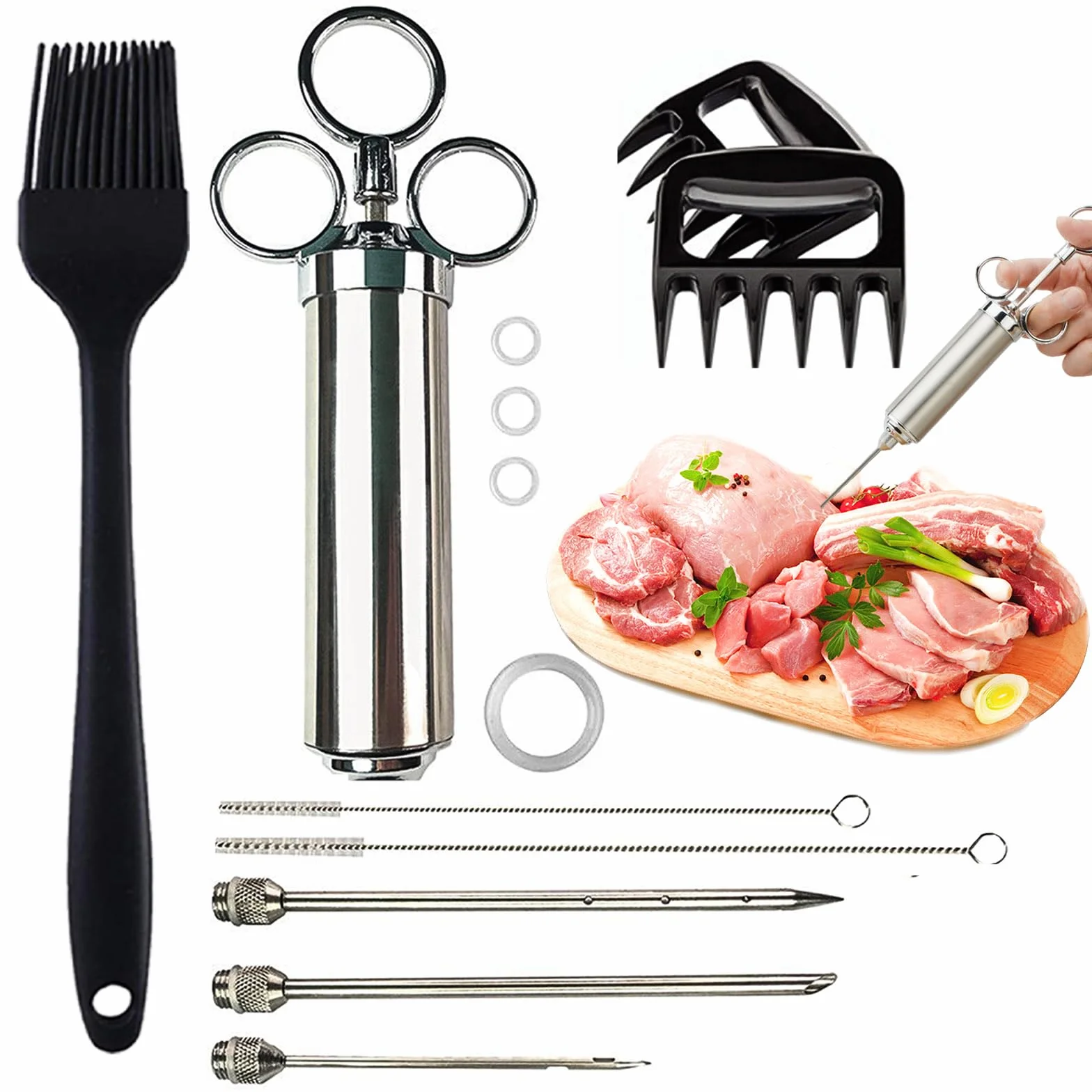 Iniettore per carne in acciaio inox 60 ml con 3 aghi siringa per marinata barbecue