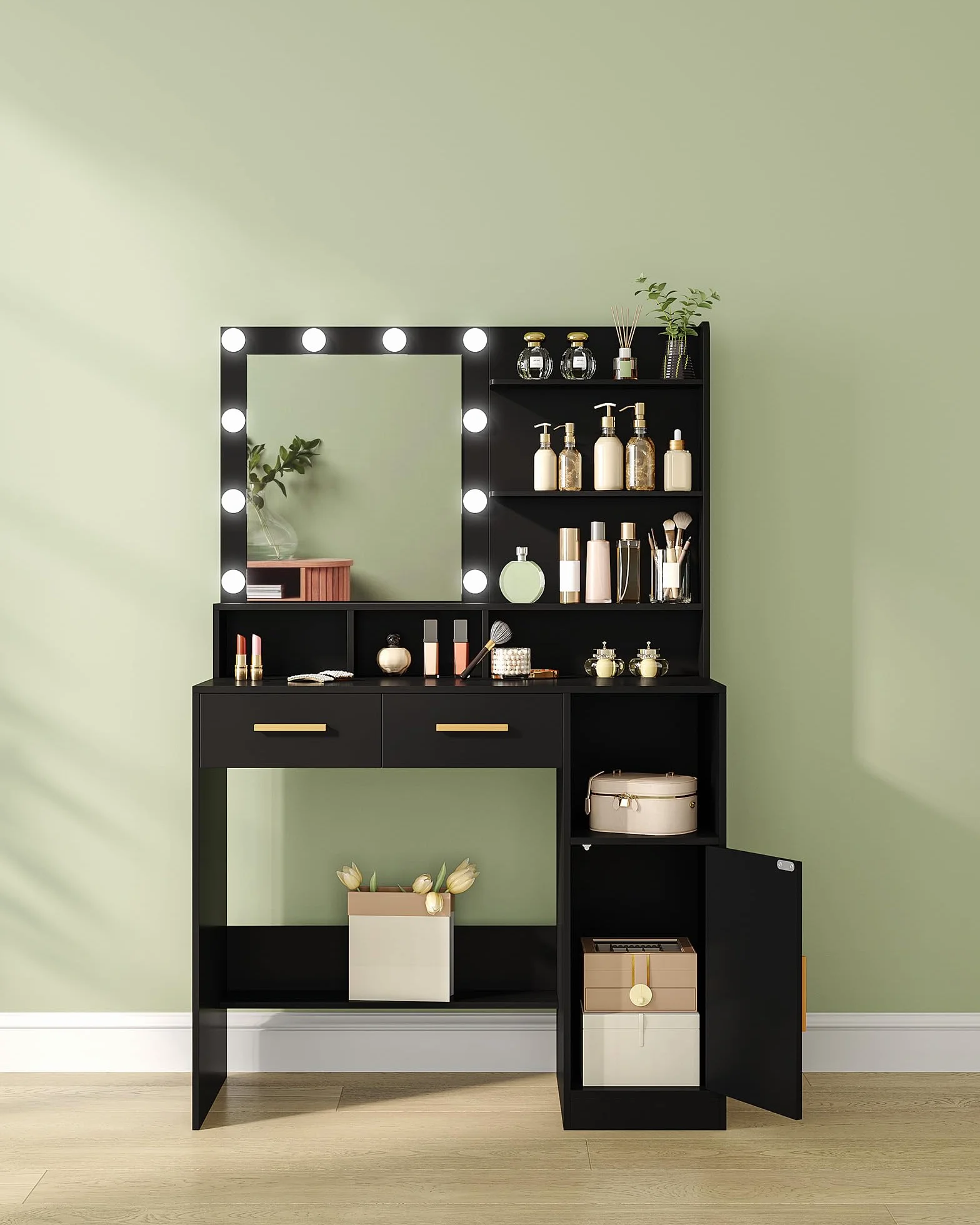 Hzuaneri Toeletta da Trucco, con 10 Luce LED con Luminosità Regolabile, Tavolo da Trucco con Specchio, 2 Cassetti e 1 Armadietto, 3 Ripiani e 4 Scomparti Aperti, Nero DT32506X