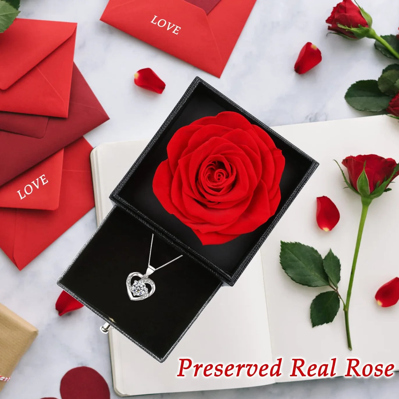 Rosa Eterna Confezione Regalo con Collana per Donna, San Valentino, Anniversario, Compleanno