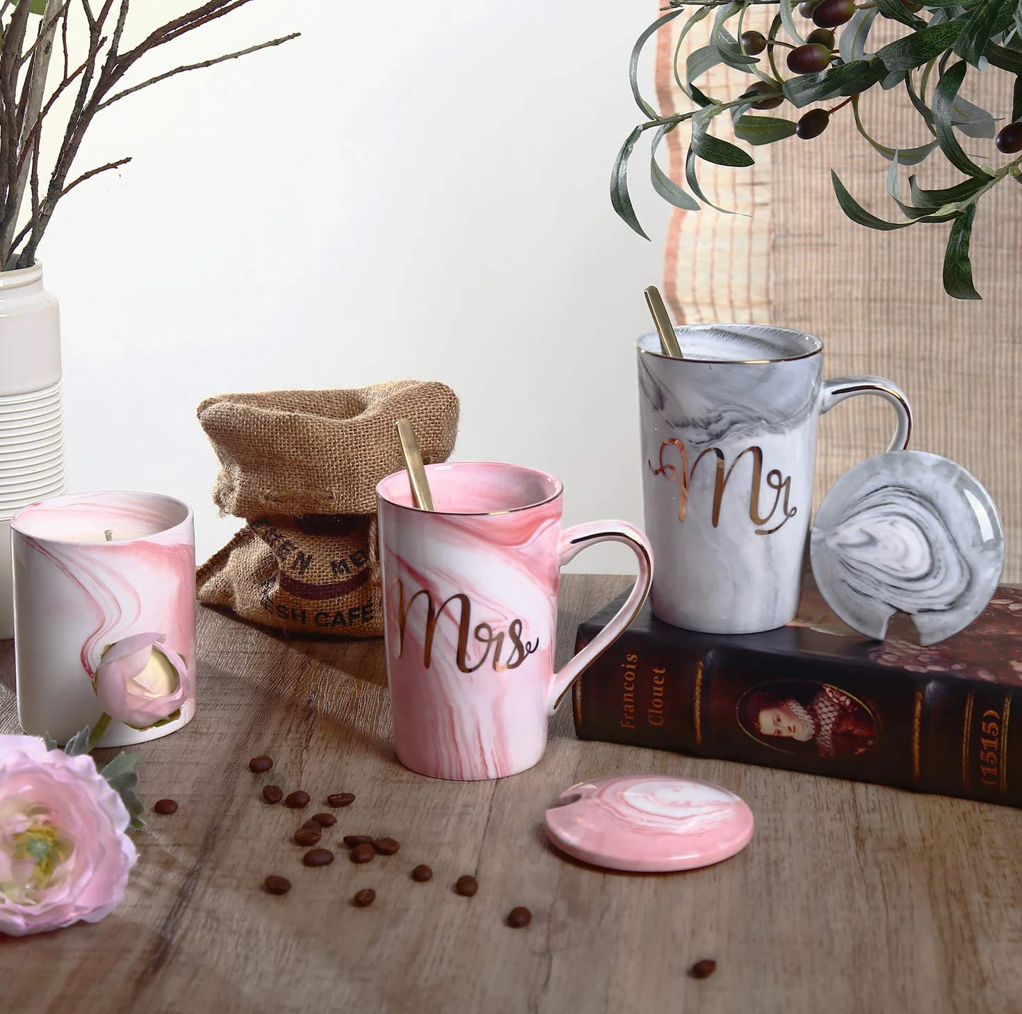 Coppia Tazze Caffè Mr e Mrs Ceramica Marmo 400ml con Cucchiai Coperchi Biglietto Scatola Regalo Elegan