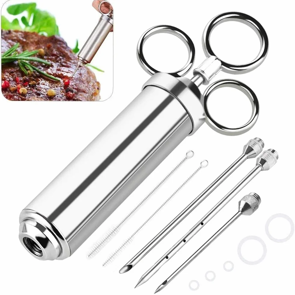 Siringa per Arrosti 60ml BBQ Iniettore con 3 Aghi in Acciaio Inossidabile