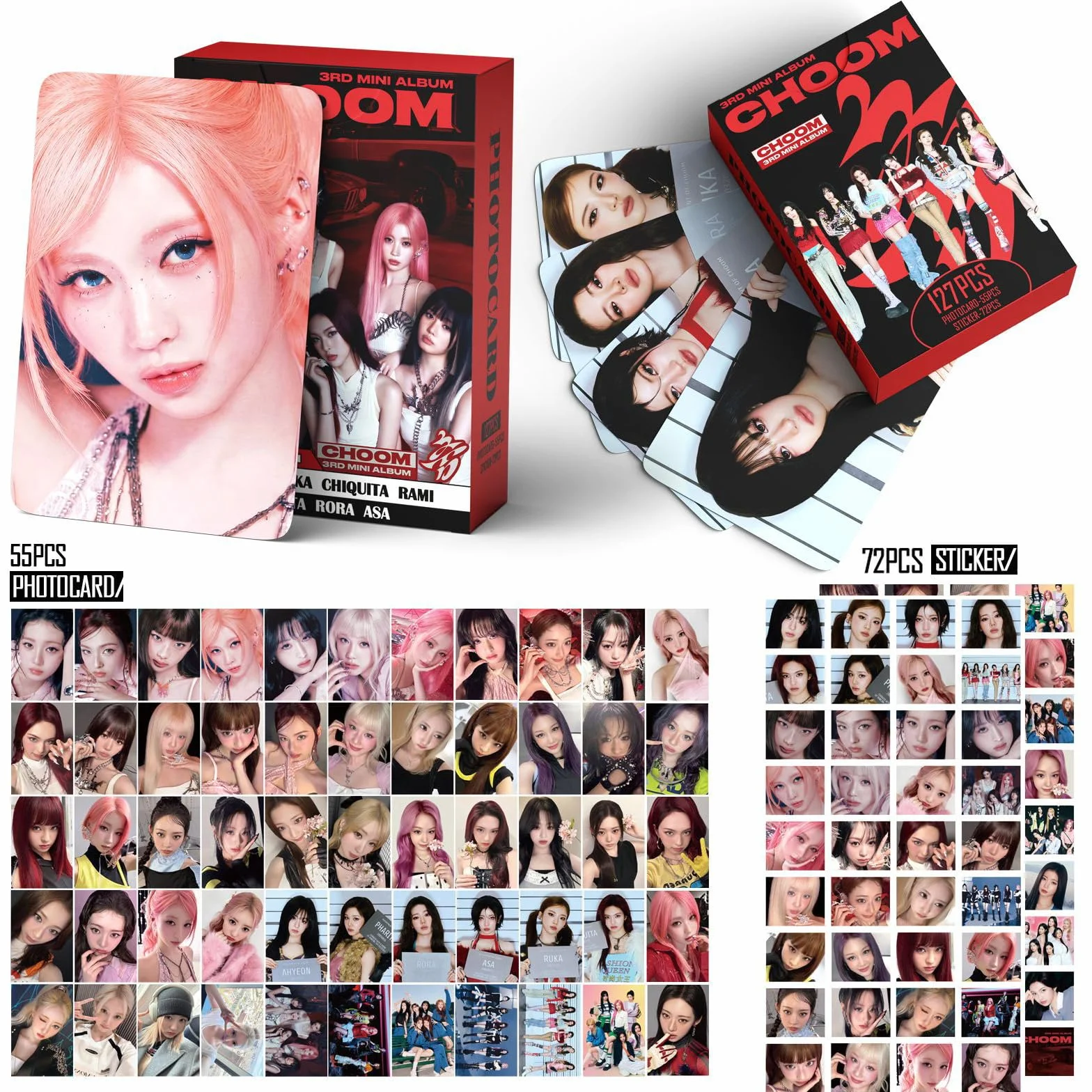 Set regalo per album choom, include 182 fototessere (110 fotocard, 72 mini adesivi), 100 adesivi per album, 1 cordino, 1 porta carte