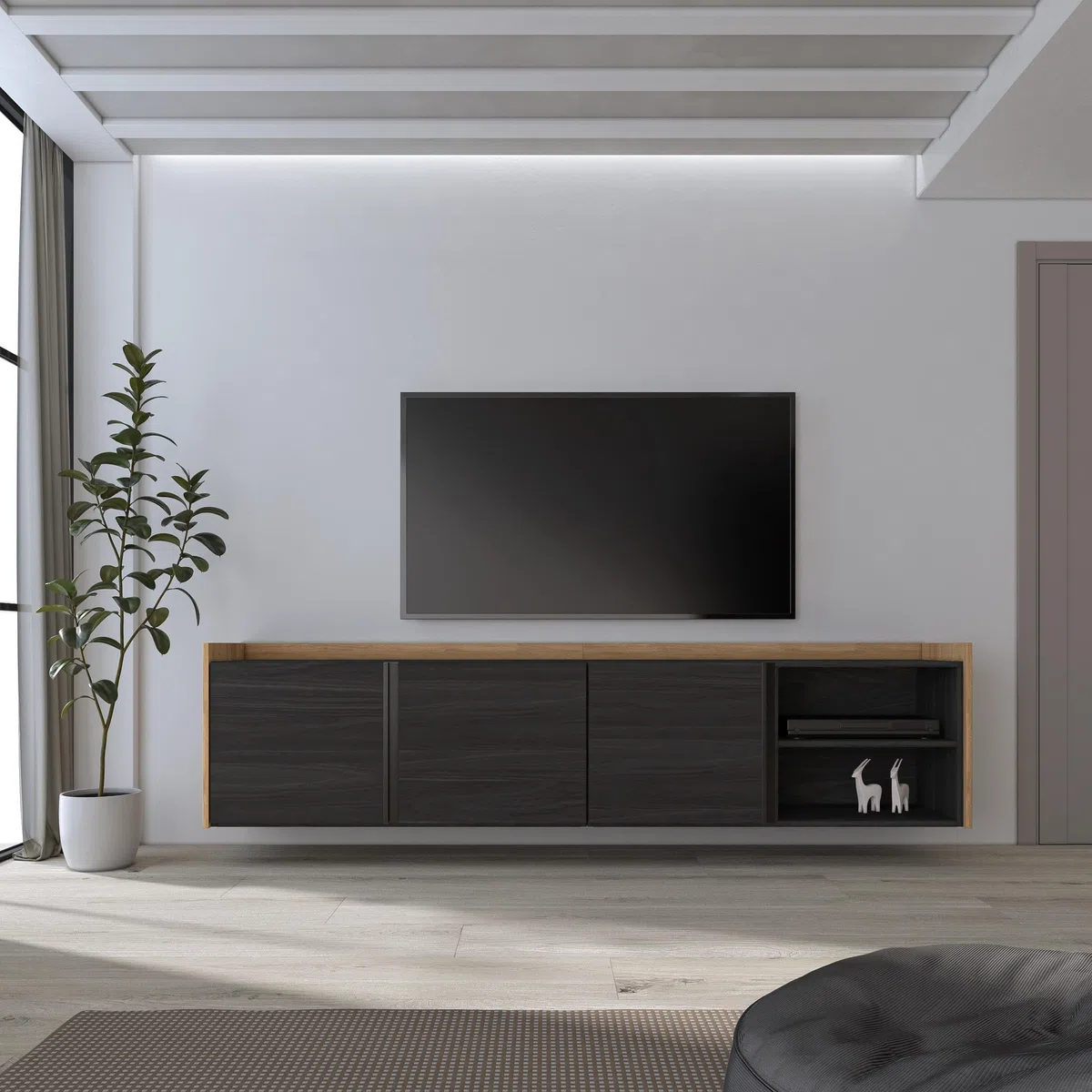 Skraut Home | Mobile TV Soggiorno | 207x50x35 cm | Nero e rovere | Ampio spazio a disposizione | Per TV fino a 80" | Sospeso, da appendere | Stile moderno