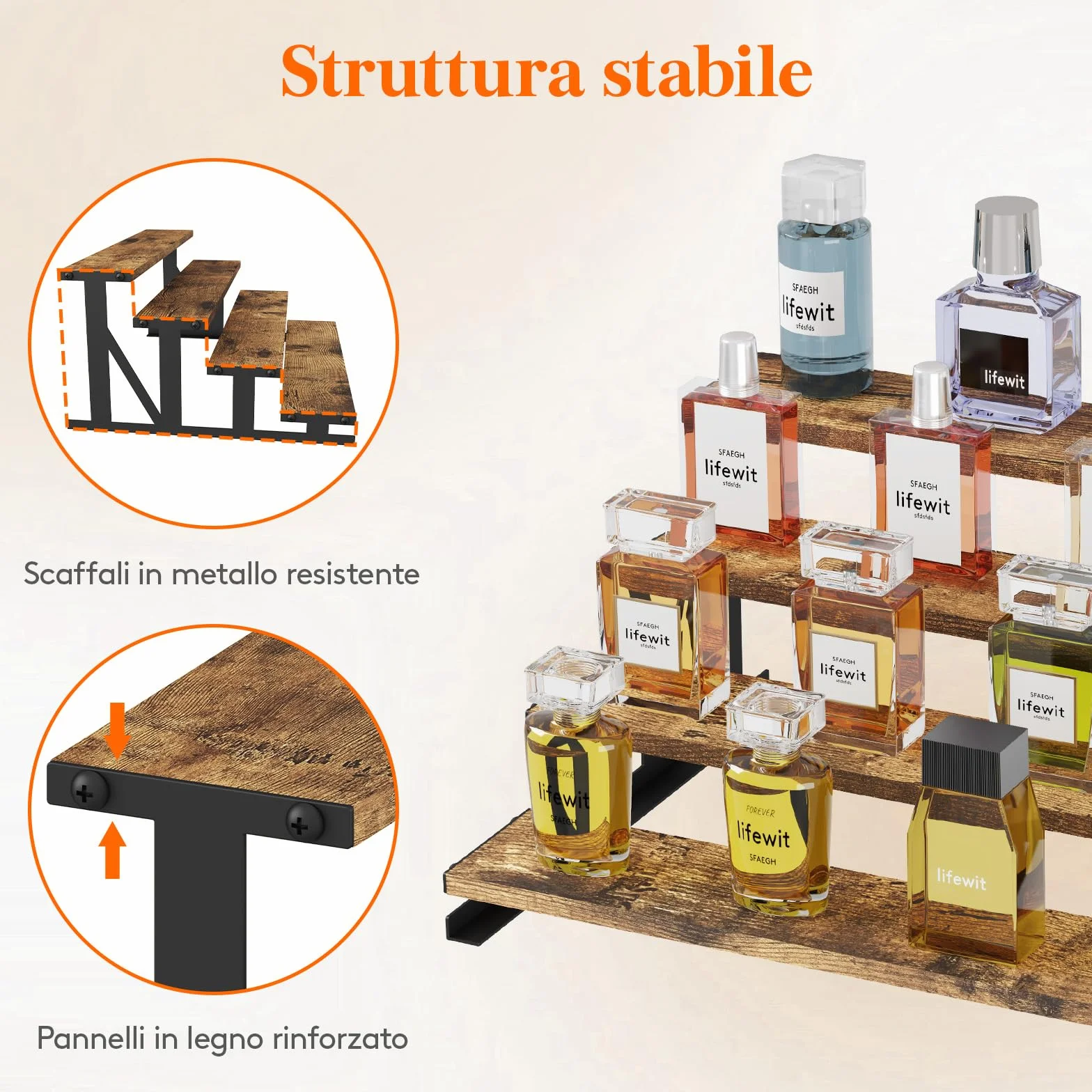 Lifewit Porta Profumi in Legno, Espositore Profumi con Supporto in Metallo, Espositori a Scaletta per Bagno, Camera, Salotto, Marrone Rustico, 4 Livelli, 1 Confezione, 35 cm