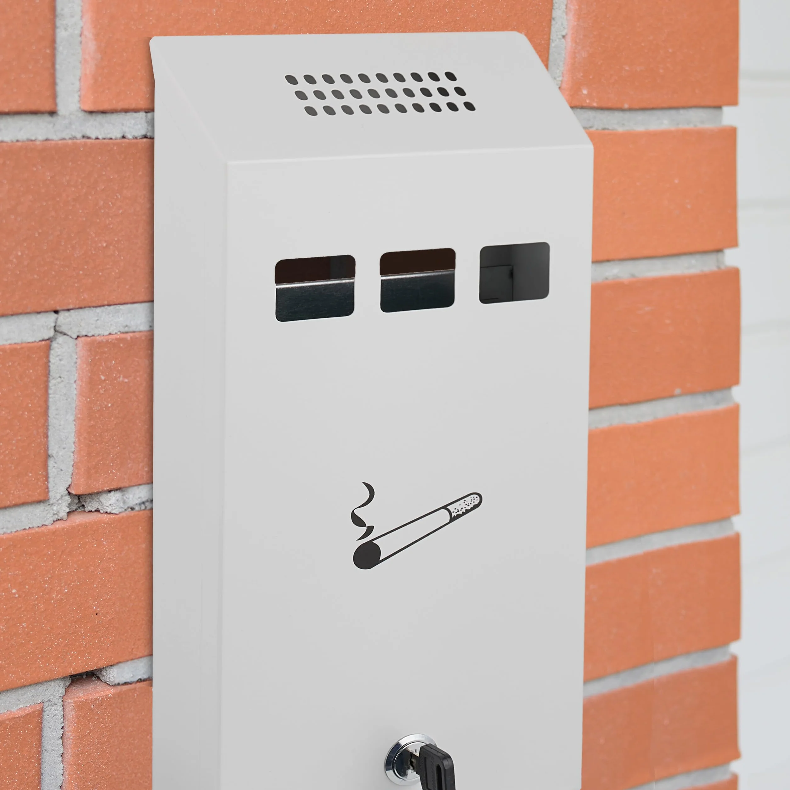 Relaxdays Posacenere da Muro per Esterno con Chiave, Contenitore Rimovibile, 32,5 cm, Bianco