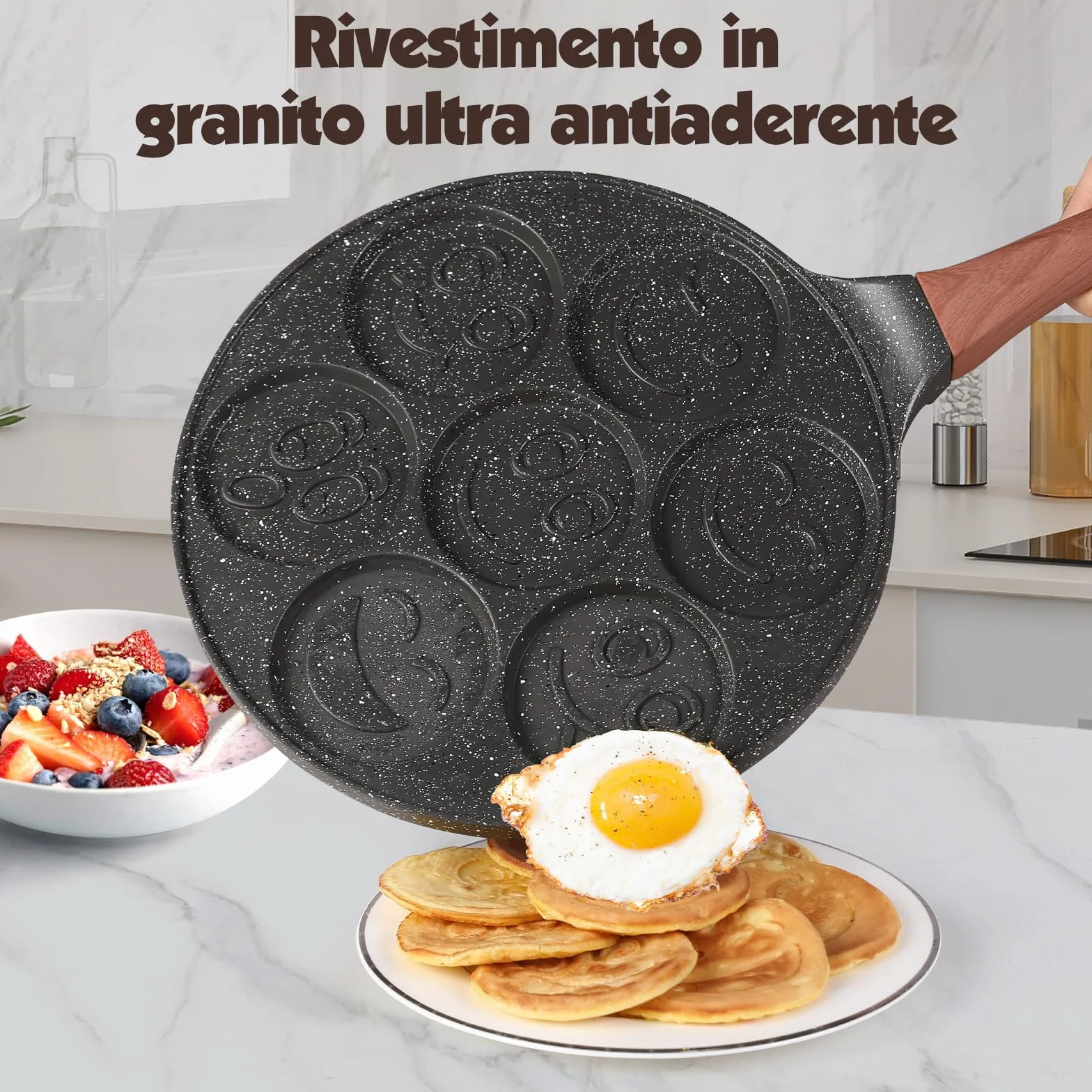 YASHE Pancake Padella per bambini con Smiley, 7 fori, in alluminio pressofuso, perfetta per la colazione dei bambini, brunch, feste e festività