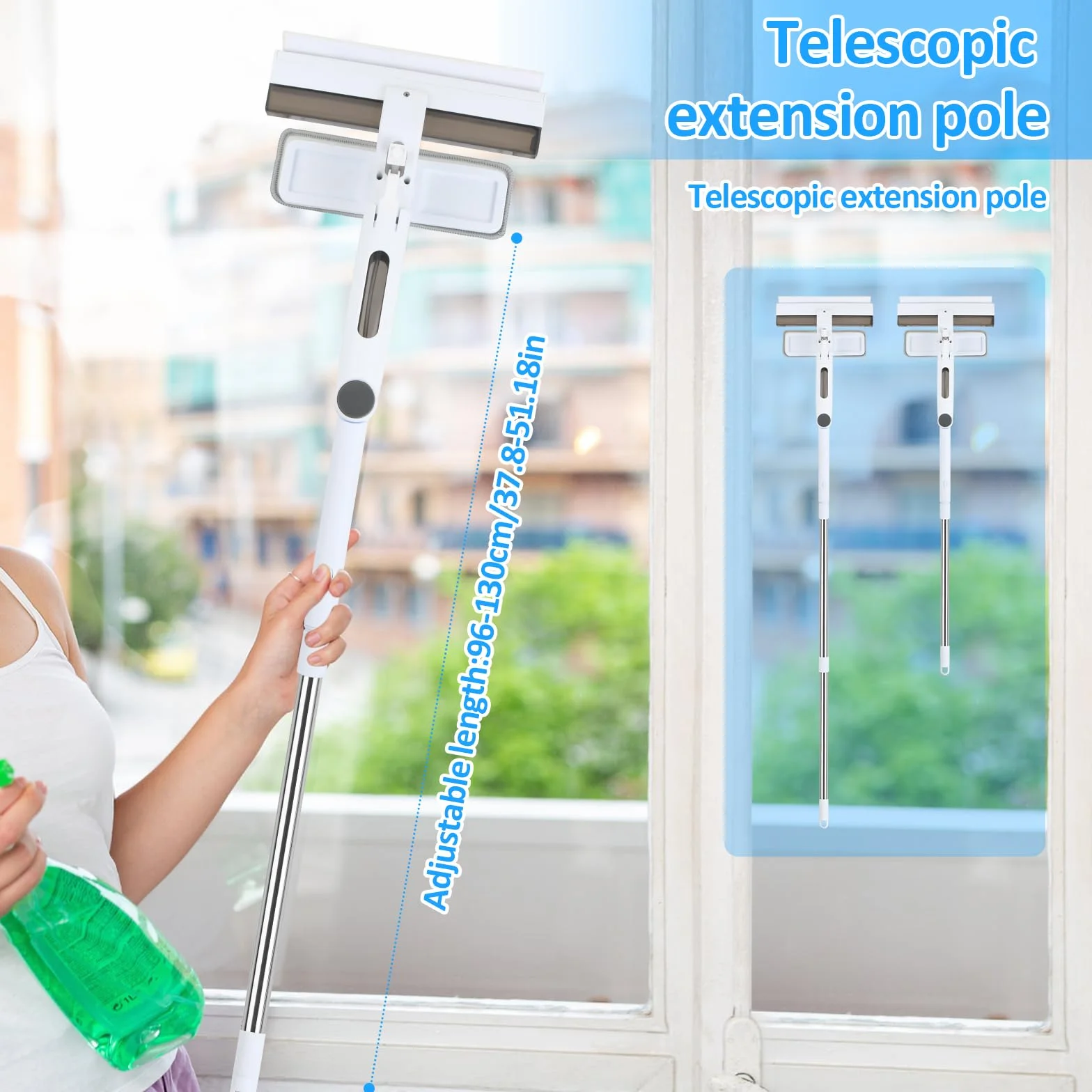 Telescopico Lava Vetri Finestre – Spazzola con Spray e Vaschetta Raccogli Acqua Integrata, Lavavetri Professionale in Silicone con 5 Panni in Microfibra