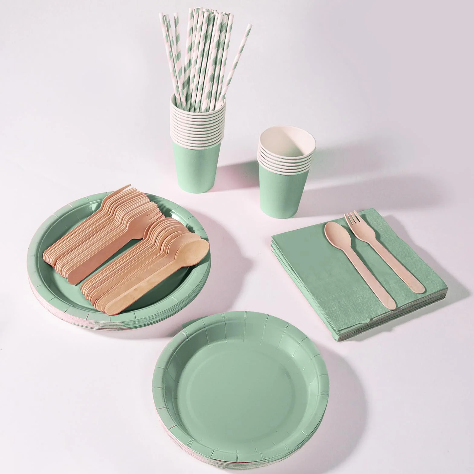 Stoviglie per Feste 169 Pezzi Verde Salvia Set Include Piatti Tazze Tovaglioli - 24 Ospiti