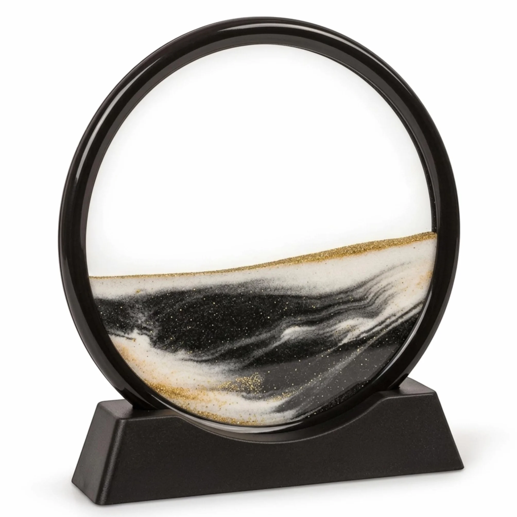 MIJOMA Sabbia mobile con base, decorazione dinamica con sabbia bianca e nera e particelle glitterate dorate, pittura a sabbia fluida per tornitura, diametro 17,5 cm x 1 cm