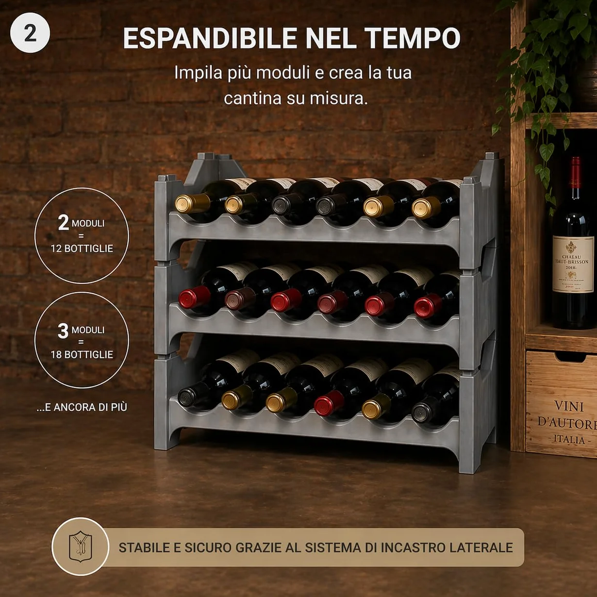 Set Cantinetta Vino Portabottiglie in Plastica Impilabili Lavabile Modulare 6 Argento