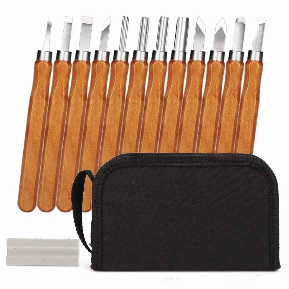 HOSPAOP Set di Attrezzi per Intaglio del Legno - 12 Coltelli da Intaglio in Legno e una Pietra per Affilare per Adulti e Bambini, Utensili per Intagliare Legno, Frutta, Verdura, Intaglio Fai da Te