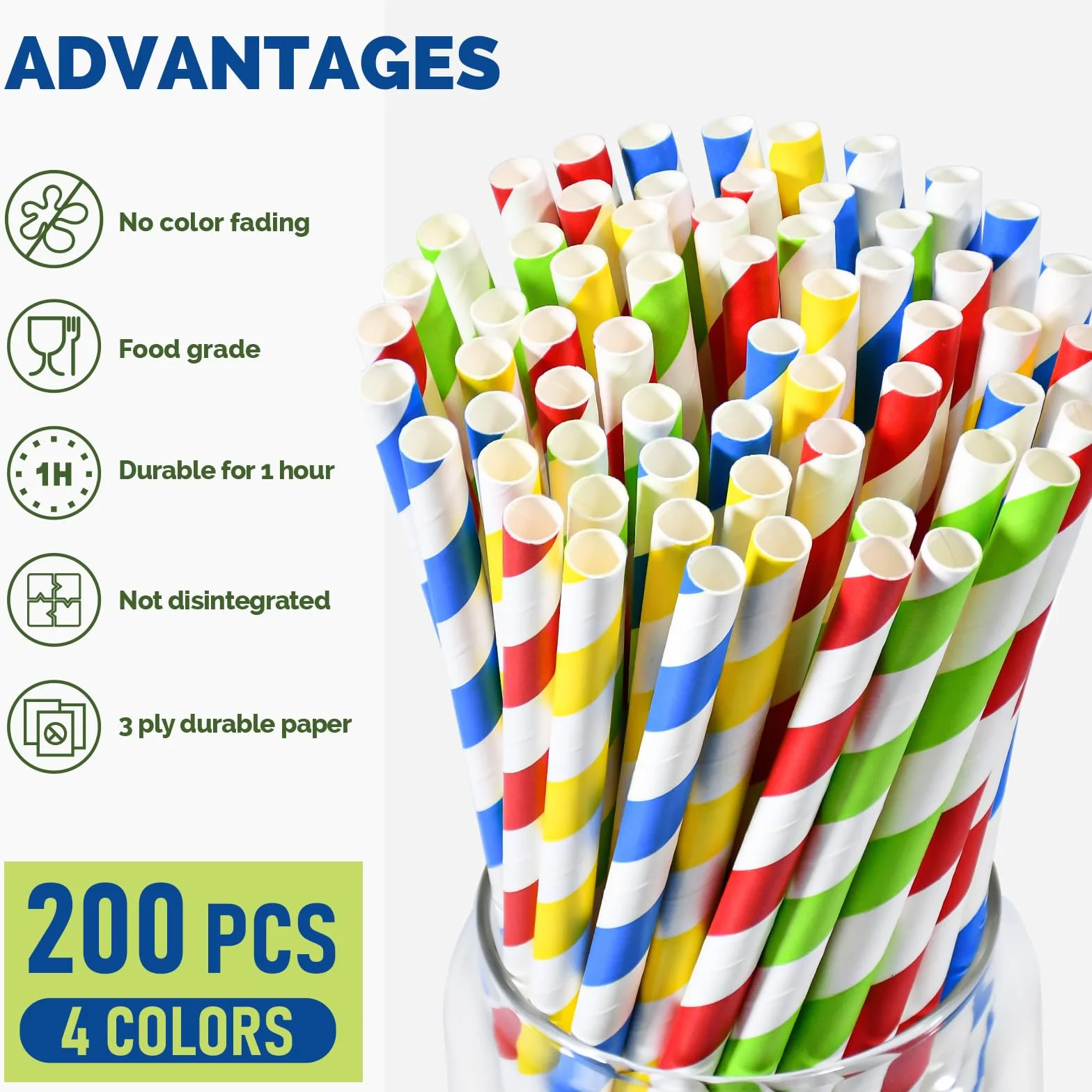 Cannucce di carta usa e getta da 8mm, 19,7 cm a strisce colorate - per frullati, gelato, smoothies, bevande dense - confezione da 200
