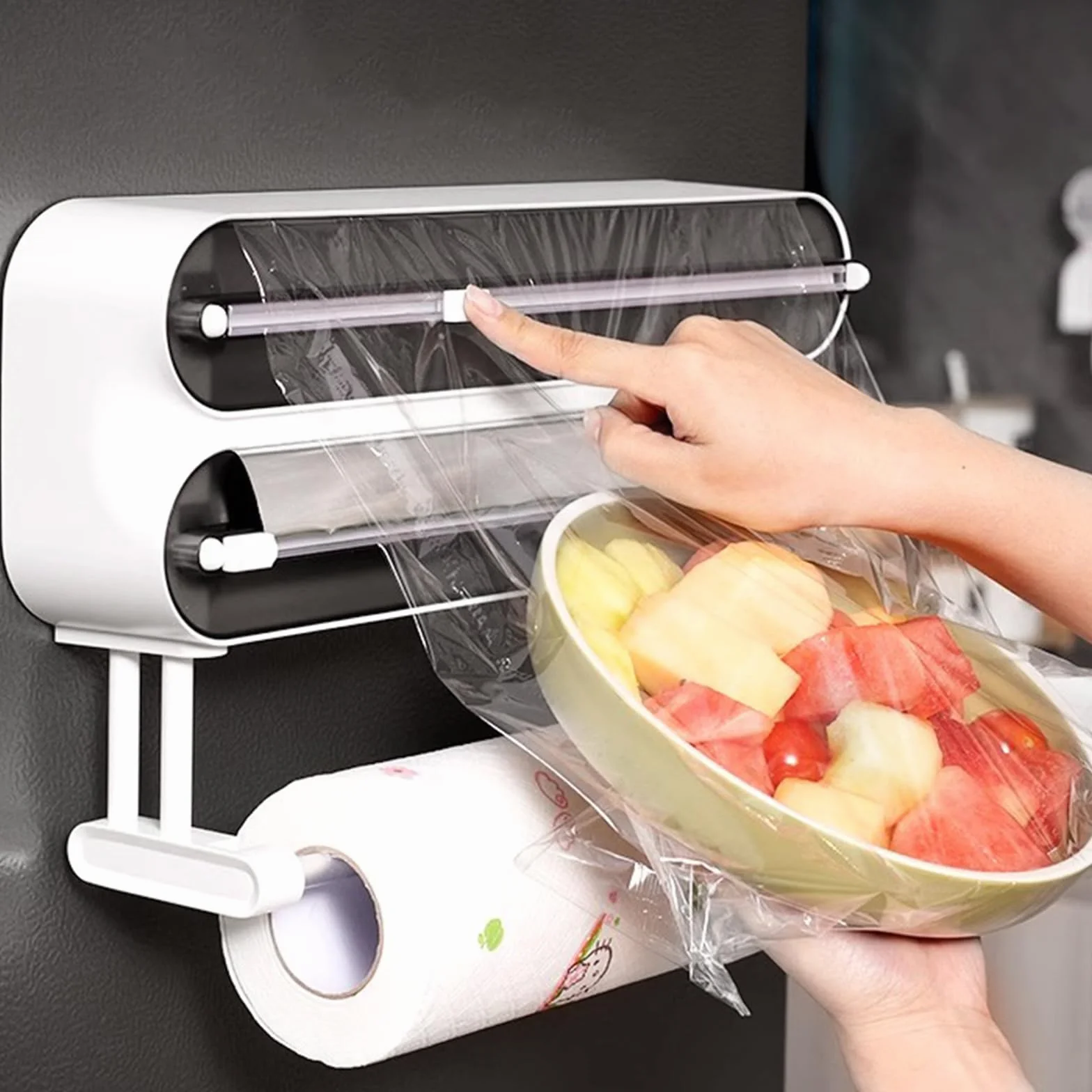 Distributore di pellicola trasparente 3 in 1: dispenser magnetico di pellicola con taglierino, rullo e dispensatore, porta rotolo da parete, cucina, taglierina, porta rotolo da cucina, senza foratura