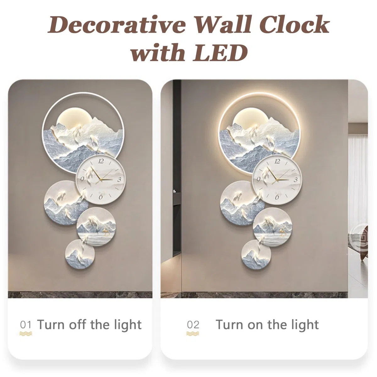Orologio da Parete Decorativo Moderno con Luce LED, Orologio Murale Artistico 3D, Decorazione per Ingresso, Camera, Soggiorno e Cucina(Gold,56 * 120cm)