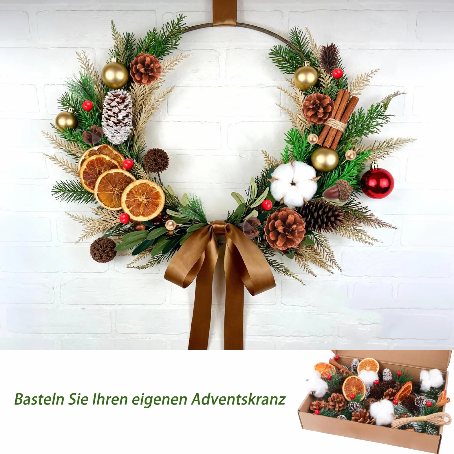 Set di 170 pezzi per corona di Natale - Accessori per corona dell'Avvento con cotone, fette di arancia essiccate, bastoncini di cannella, anice stellato, noci, pigne, bacche, rami di abete