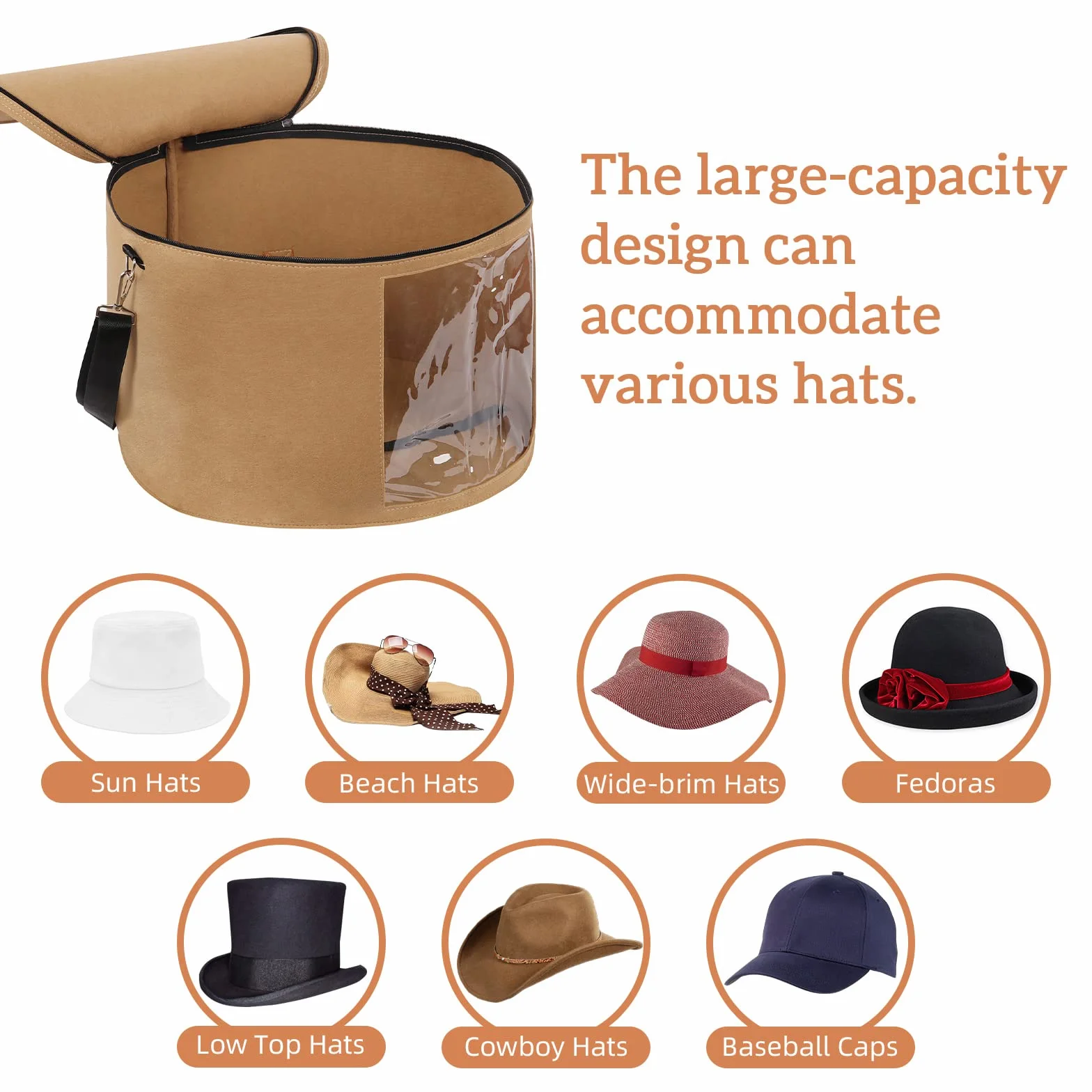 LITLANDSTAR Grandi scatole per cappelli con coperchio, 45 cm × 30 cm, pieghevole, in feltro con manici e tracolla per trasportare e conservare diversi tipi di cappelli, cammello