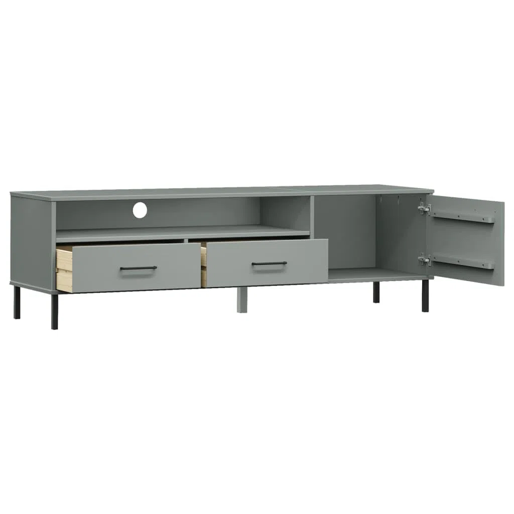 Oslo Mobile TV grigio in legno massiccio di pino, 158 x 40 x 46,5 cm, con gambe in metallo, 2 cassetti, centro di intrattenimento per soggiorno, stabile supporto TV