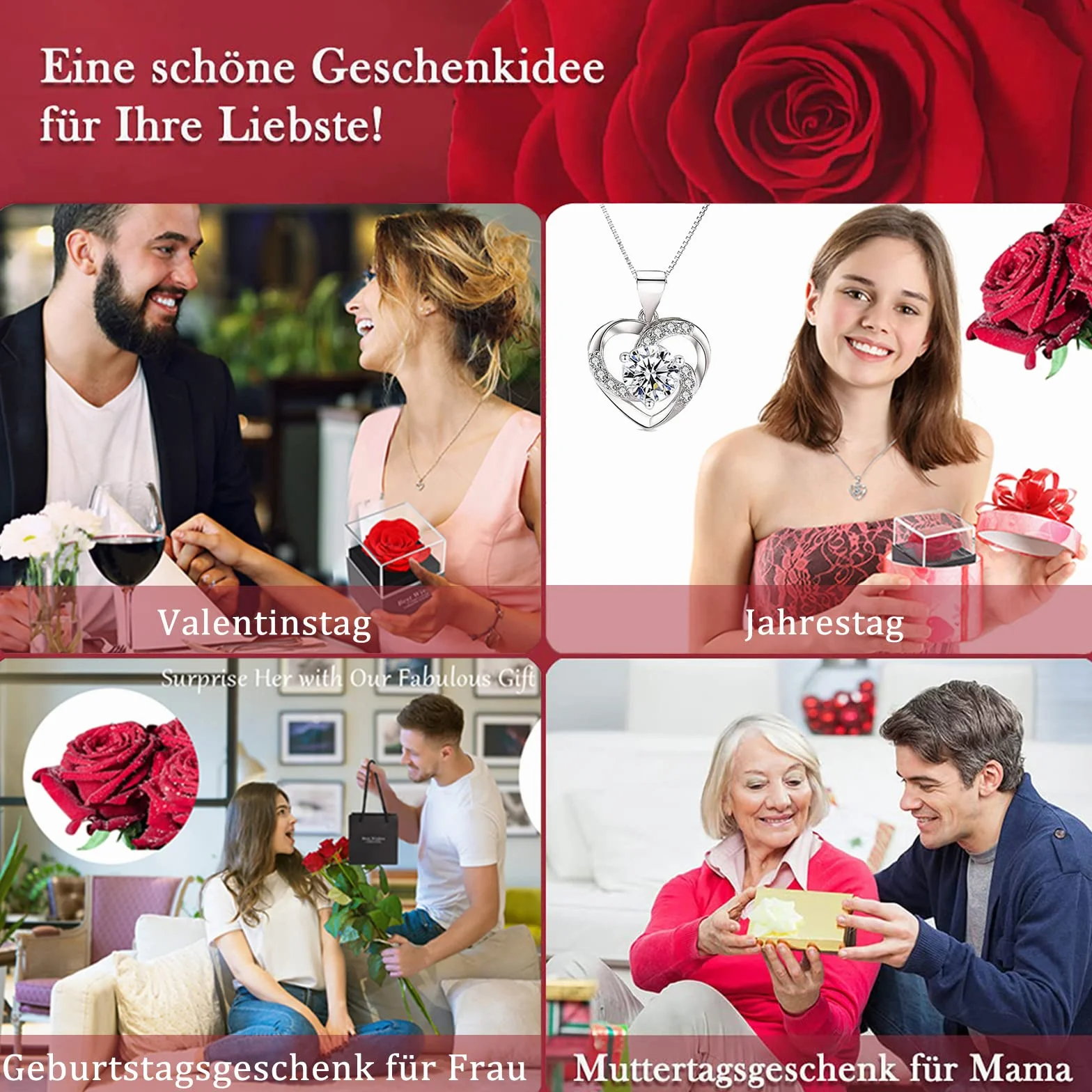 Rosa Eterna Confezione Regalo con Collana per Donna, San Valentino, Anniversario, Compleanno
