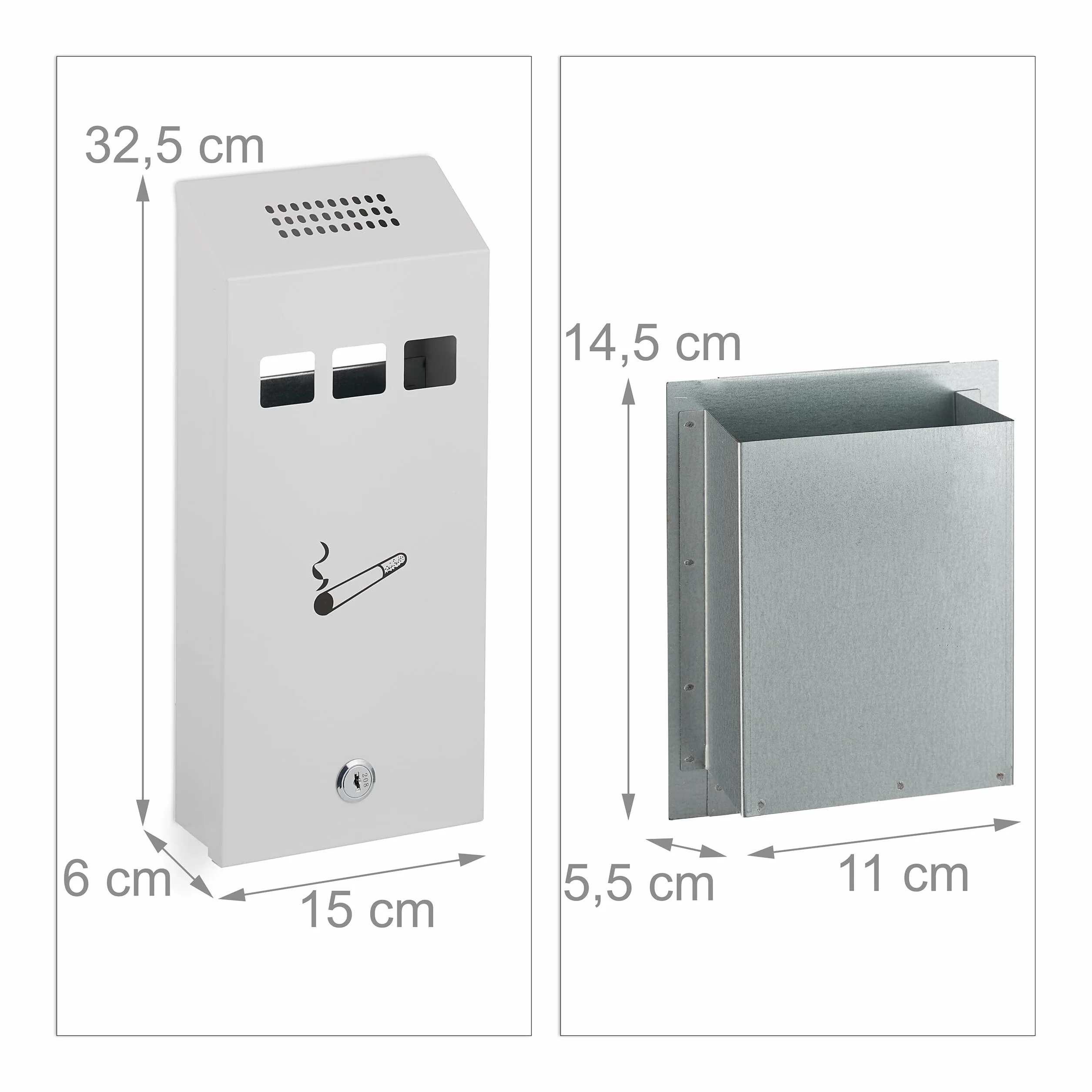 Relaxdays Posacenere da Muro per Esterno con Chiave, Contenitore Rimovibile, 32,5 cm, Bianco