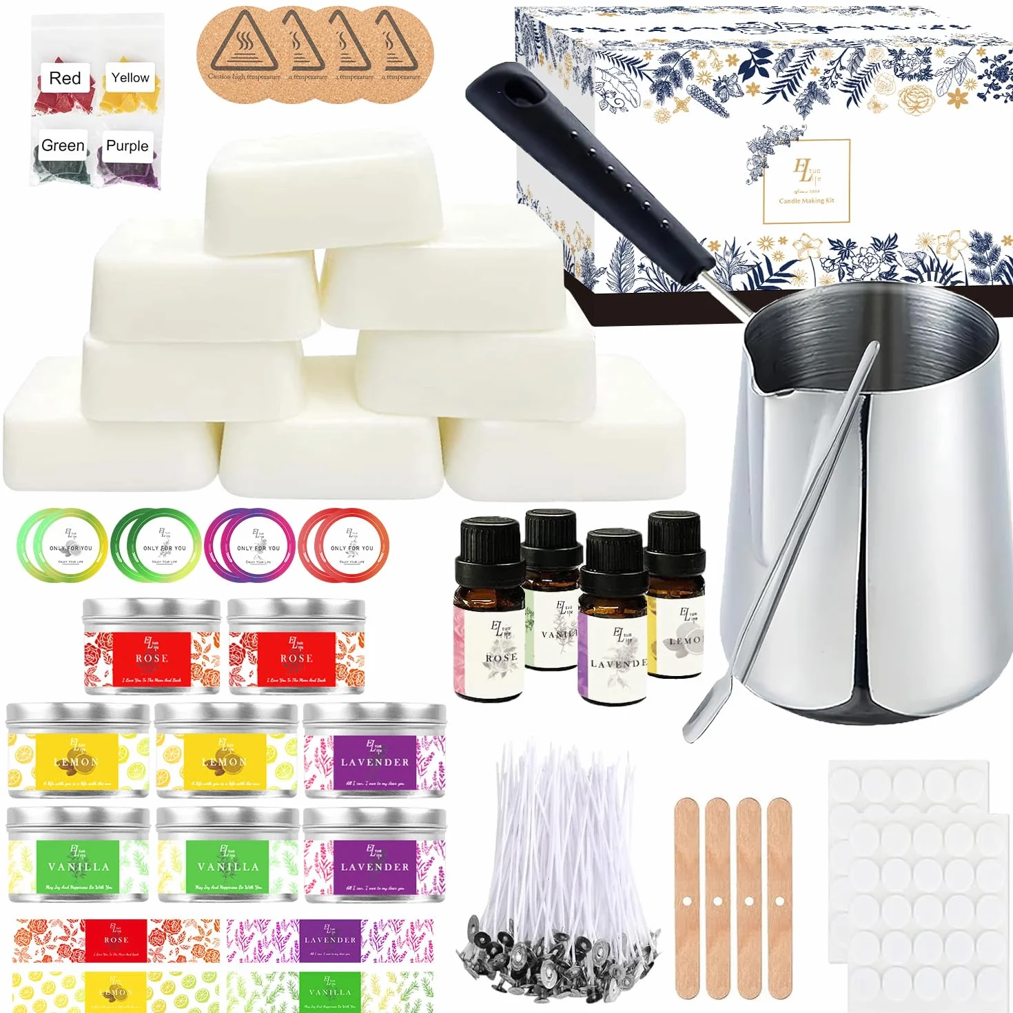 Kit Candele fai da te, Cera di soia, Oli Profumati, Stoppini, Crogiolo, Scatole, Colorante