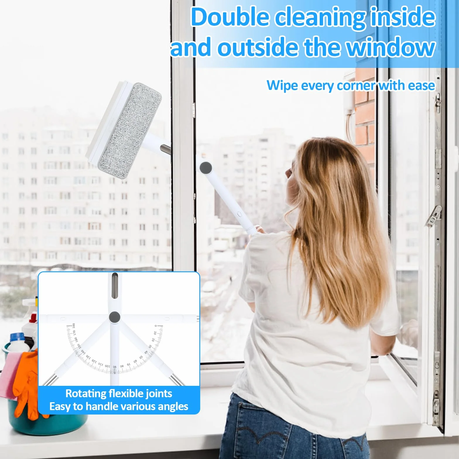 Telescopico Lava Vetri Finestre – Spazzola con Spray e Vaschetta Raccogli Acqua Integrata, Lavavetri Professionale in Silicone con 5 Panni in Microfibra