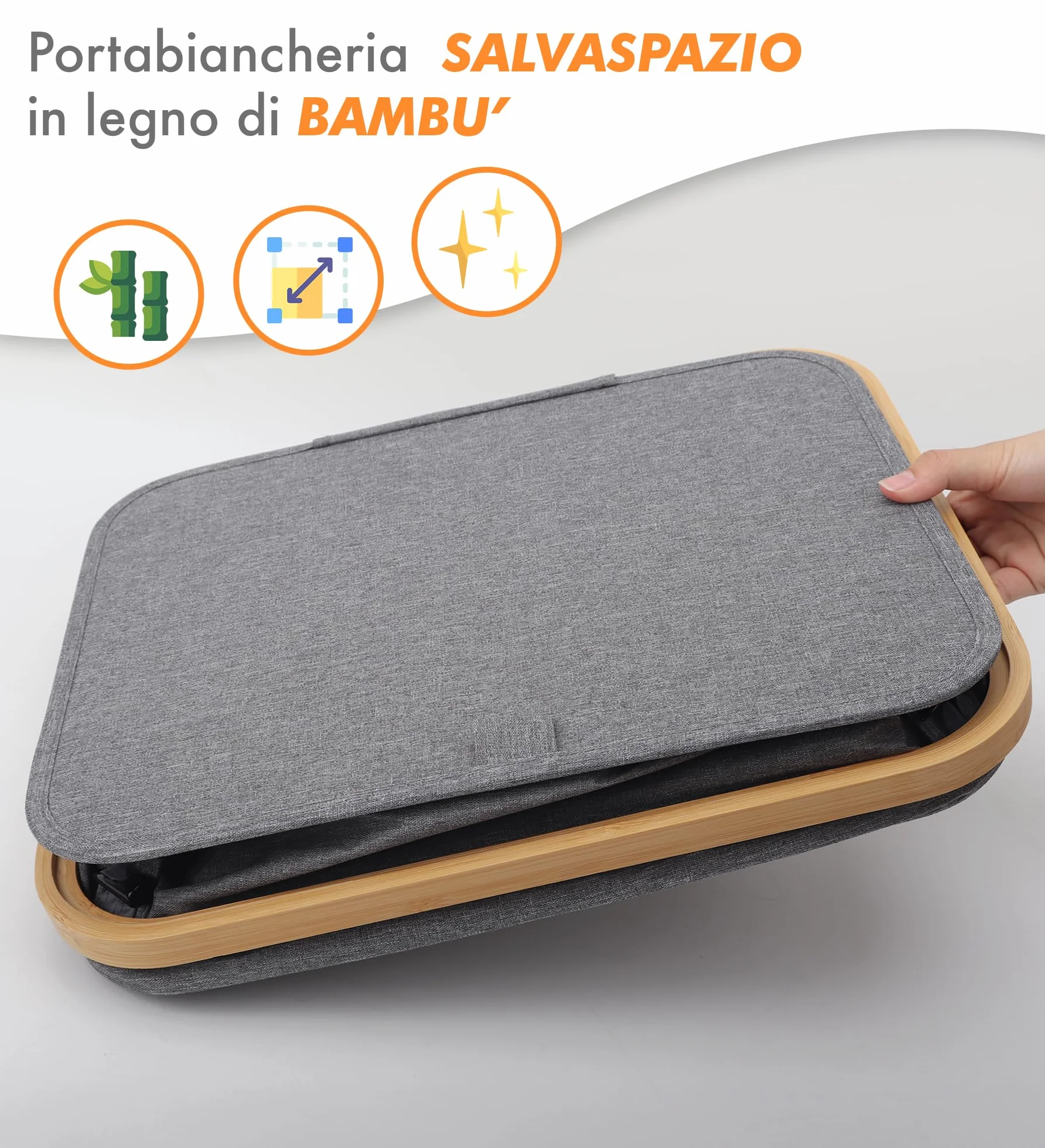 IlGruppone Cesto Portabiancheria con Coperchio Cesta Bucato 100L con Sacco Interno Removibile Tessuto Oxford Manici in bambù Pieghevole Grande Biancheria Sporca - Grigio