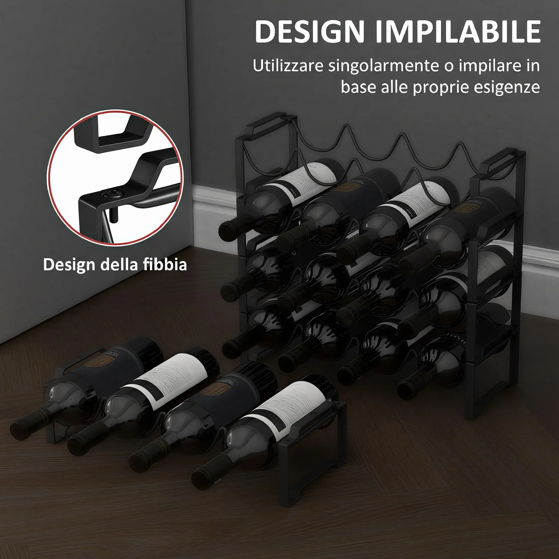 HOMCOM Portabottiglie Vino 4 Livelli Impilabili 16 Bottiglie Metallo 42.5x16.5x41 cm Nero