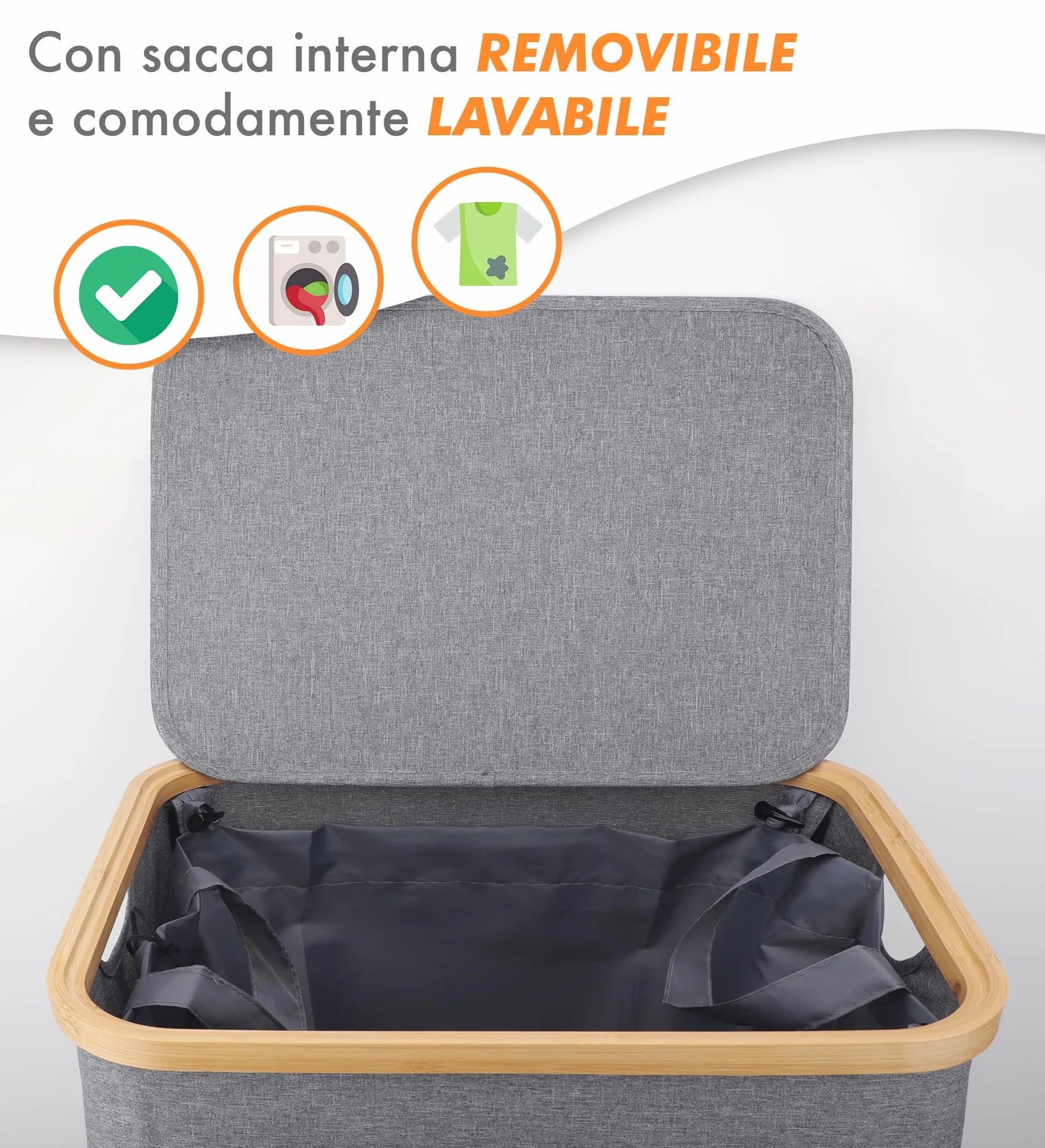 IlGruppone Cesto Portabiancheria con Coperchio Cesta Bucato 100L con Sacco Interno Removibile Tessuto Oxford Manici in bambù Pieghevole Grande Biancheria Sporca - Grigio