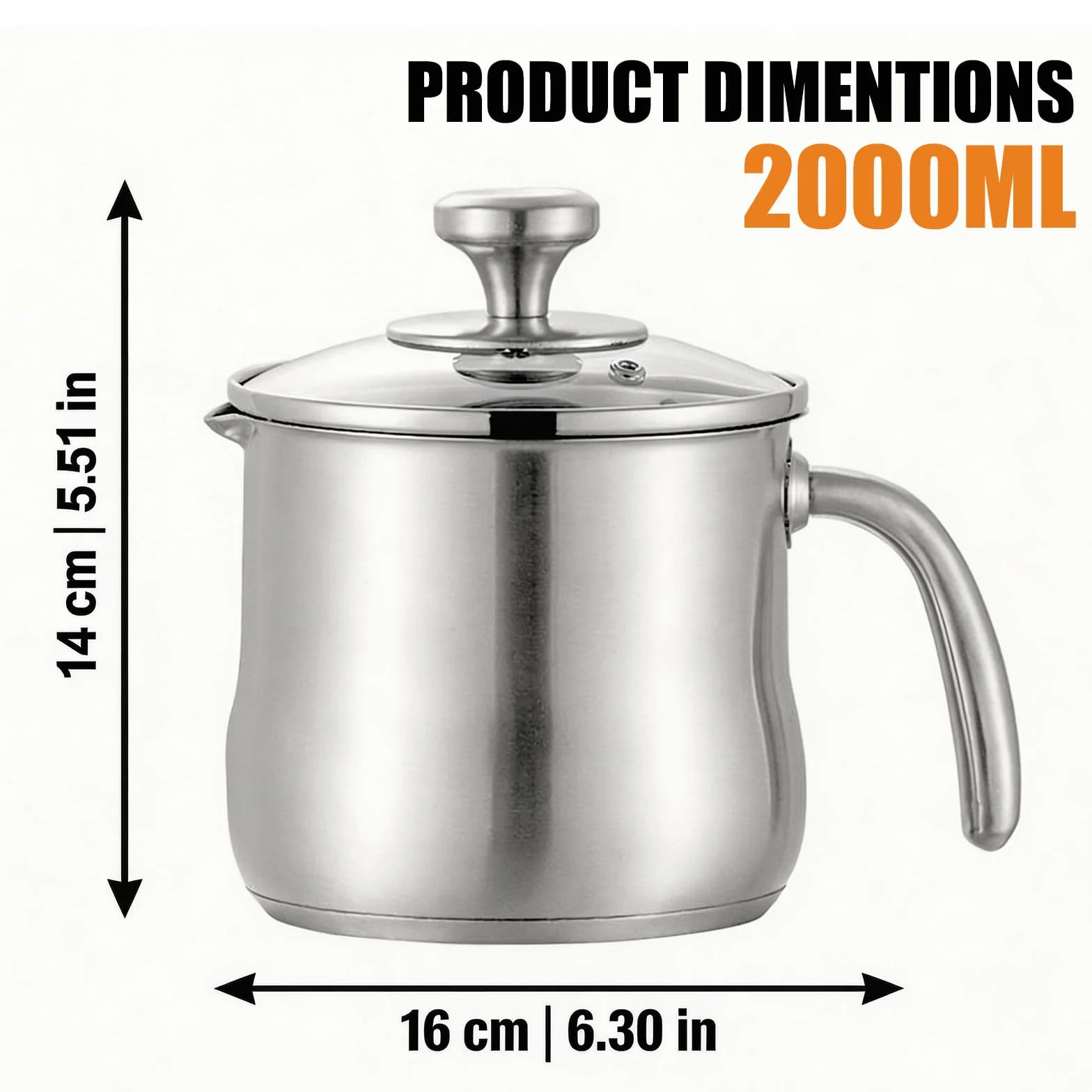 2L Pentola per latte in acciaio inossidabile con coperchio in vetro e beccuccio, pentola a induzione con manico, pentola per cottura a bagnomaria e pudding, pentola per scongelare adatta per gas