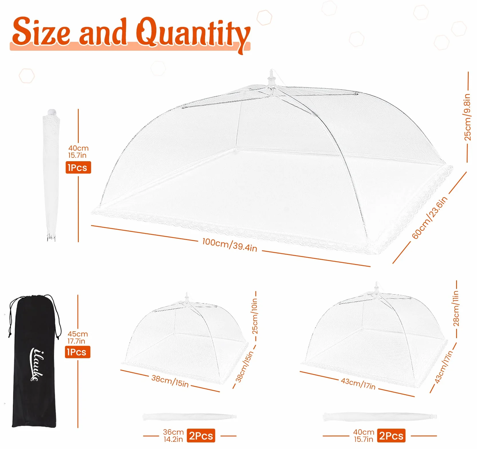 ilauke Coperture Coprivivande Pieghevole Extra Grande,100 x 60 cm, Anti Insetti Set 5pz Copertura in Rete per Alimenti 3 Misure Ideale per Cibi Protezione in Frutta Mangiare Barbecue Picnic, Bianco