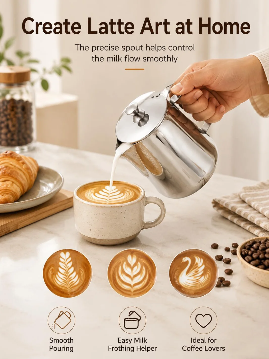 VOBOR Pentolino Latte In Acciaio Inossidabile, Brocca Per Tazza Da Caffè Con Coperchio Per Schiuma Di Latte Art (350 Ml)