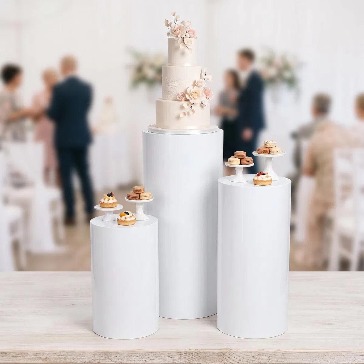 3 Pezzi Espositore Cilindrico Moderno | Bianco, Piedistalli a Cilindro, Impilabile, Piedistallo Espositivo, per Matrimoni, Fioristi