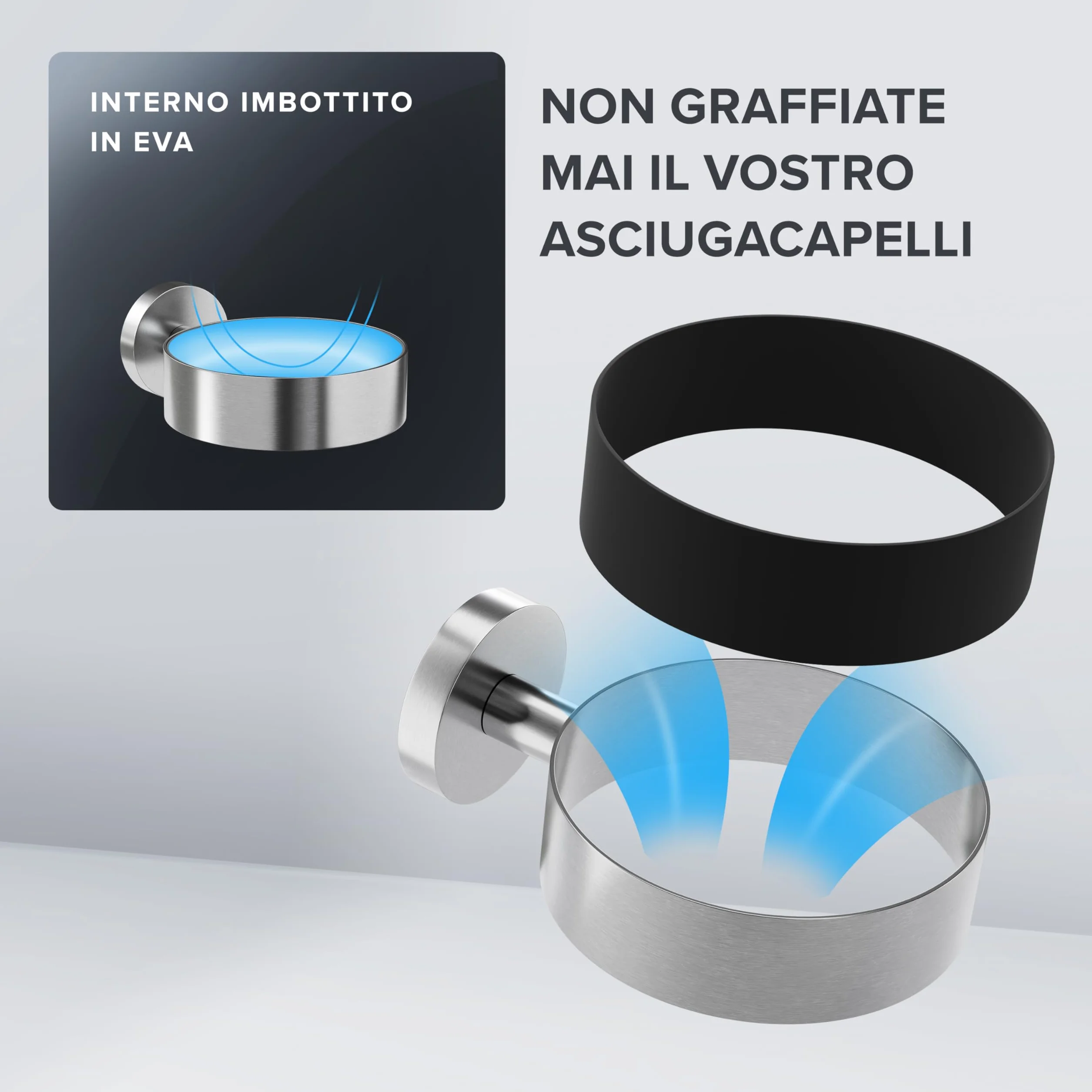 ovimar Porta asciugacapelli Ronne | Acciaio Inox | Argento | con Fissaggio a Parete per Foratura | con Imbottitura per asciugacapelli | per Foratura | Porta asciugacapelli in Bagno