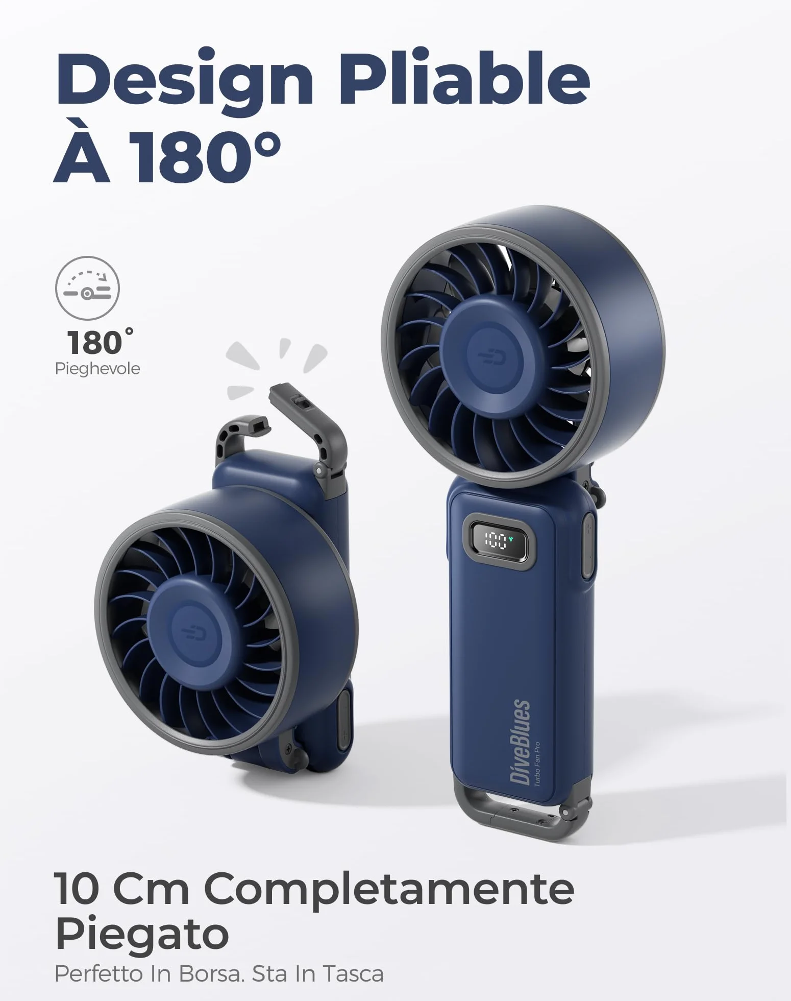Diveblues Mini Ventilatore Portatile a Mano, Ventilatore Turbo USB Ricaricabile Pieghevole, 100 Velocità, Fino a 12 Ore di Autonomia, Ventilatore 4-in-1 da Tavolo e da Collo per Viaggi e Outdoor