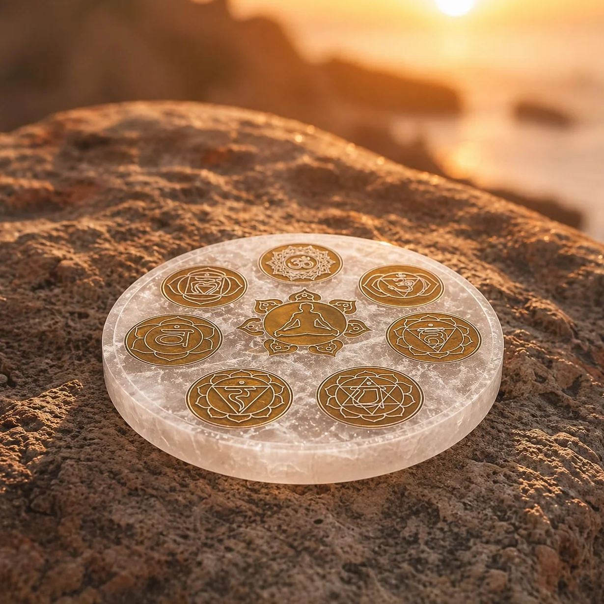 NKlaus Piastra Chakra in Selenite Ø 15 cm Incisa con i 7 Simboli Chakra e Figura Meditativa