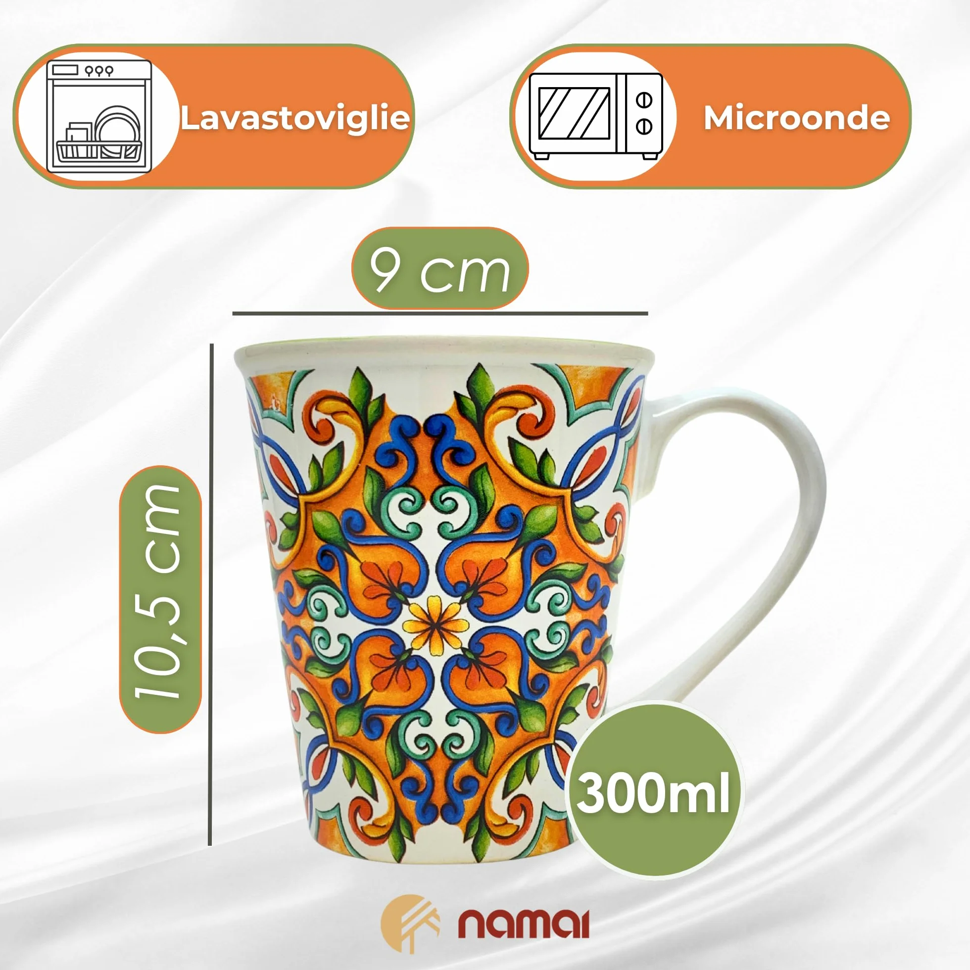 NAMAI Set 4 Tazze Colazione 300 ml Porcellana Lavastoviglie Microonde Design Unico Idea Regalo