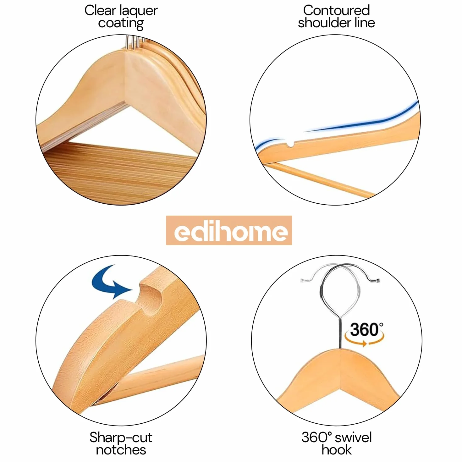 Grucce Legno con Scanalature su Spalle, Gancio Girevole 360°, Barra Portapantaloni Antiscivolo, Confezione da 20