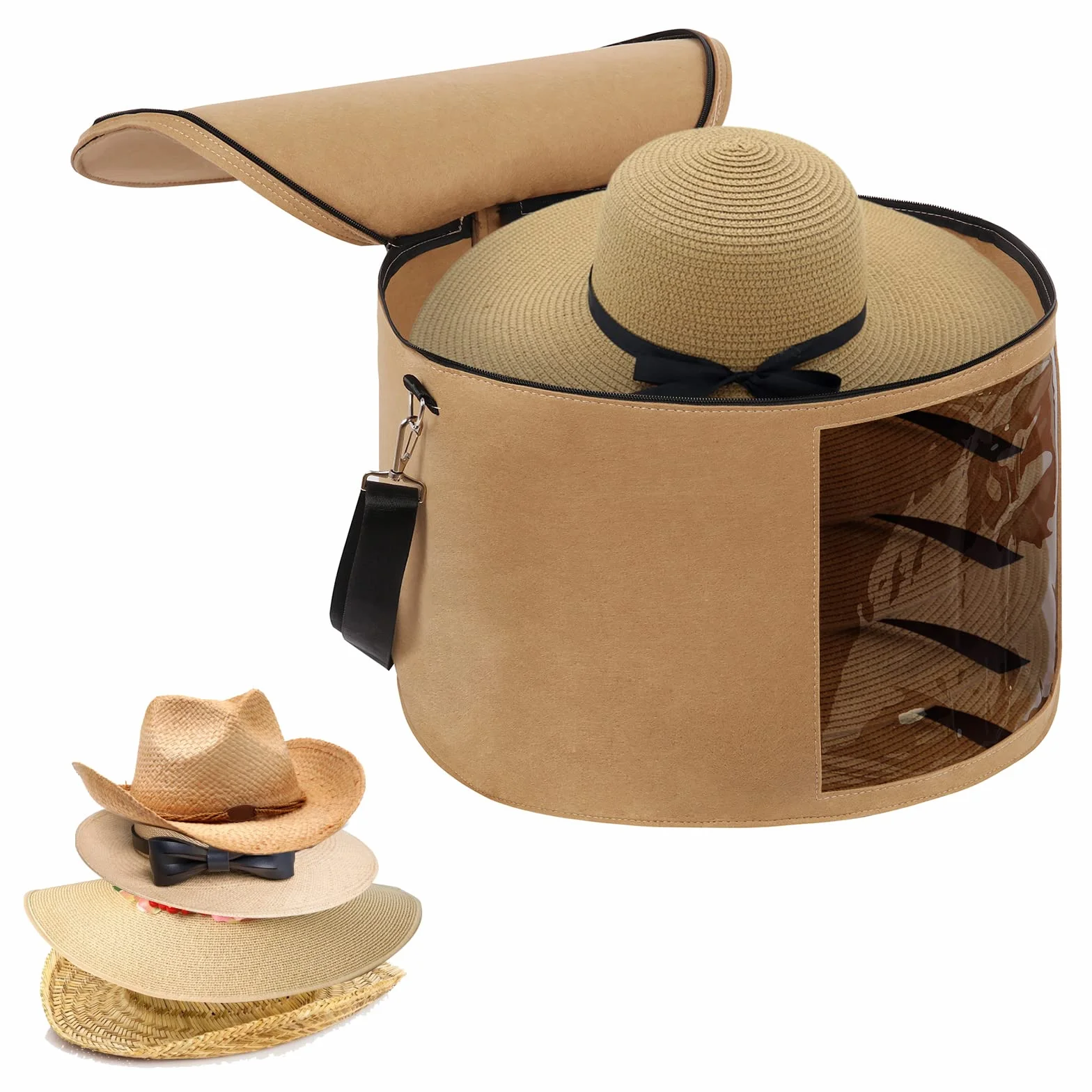 LITLANDSTAR Grandi scatole per cappelli con coperchio, 45 cm × 30 cm, pieghevole, in feltro con manici e tracolla per trasportare e conservare diversi tipi di cappelli, cammello