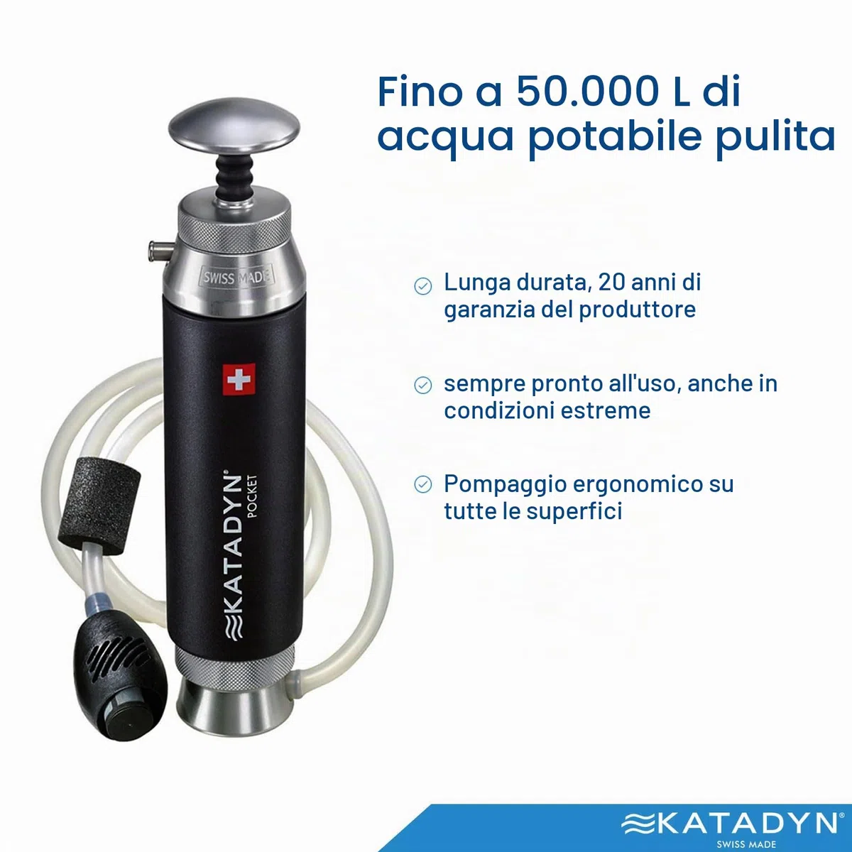 Filtro per l'acqua tascabile Katadyn da 1,0 l, serie Tactical - Filtro per l'acqua da esterno per purificare fino a 50.000 l di acqua potabile per viaggi, attività all'aria aperta
