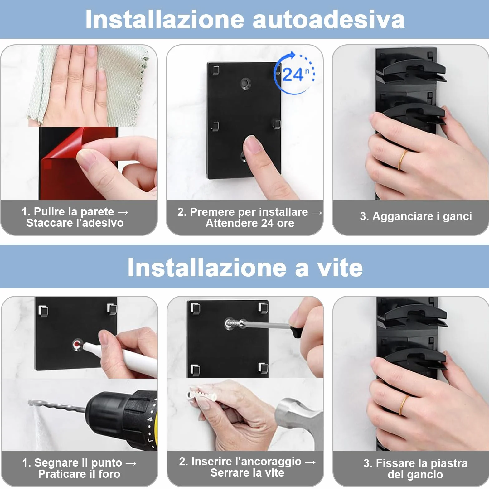 Set da 2 Portacappelli Adesivo per Parete & Porta, Organizzatore per Cappellini da Baseball Capienza 20 Cappelli - Scaffale senza Fori con Cordino Regolabile per Guardaroba