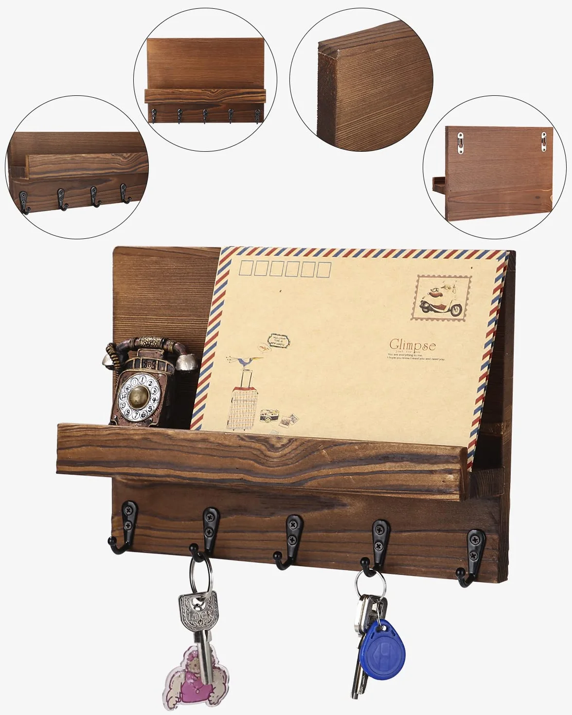 Porta Lettere Chiavi Occhiali in Legno con 5 ganci per chiavi, Porta chiavi in legno e porta lettere, Portachiavi da Parete in Legno, Appendichiavi Portachiavi da Muro.