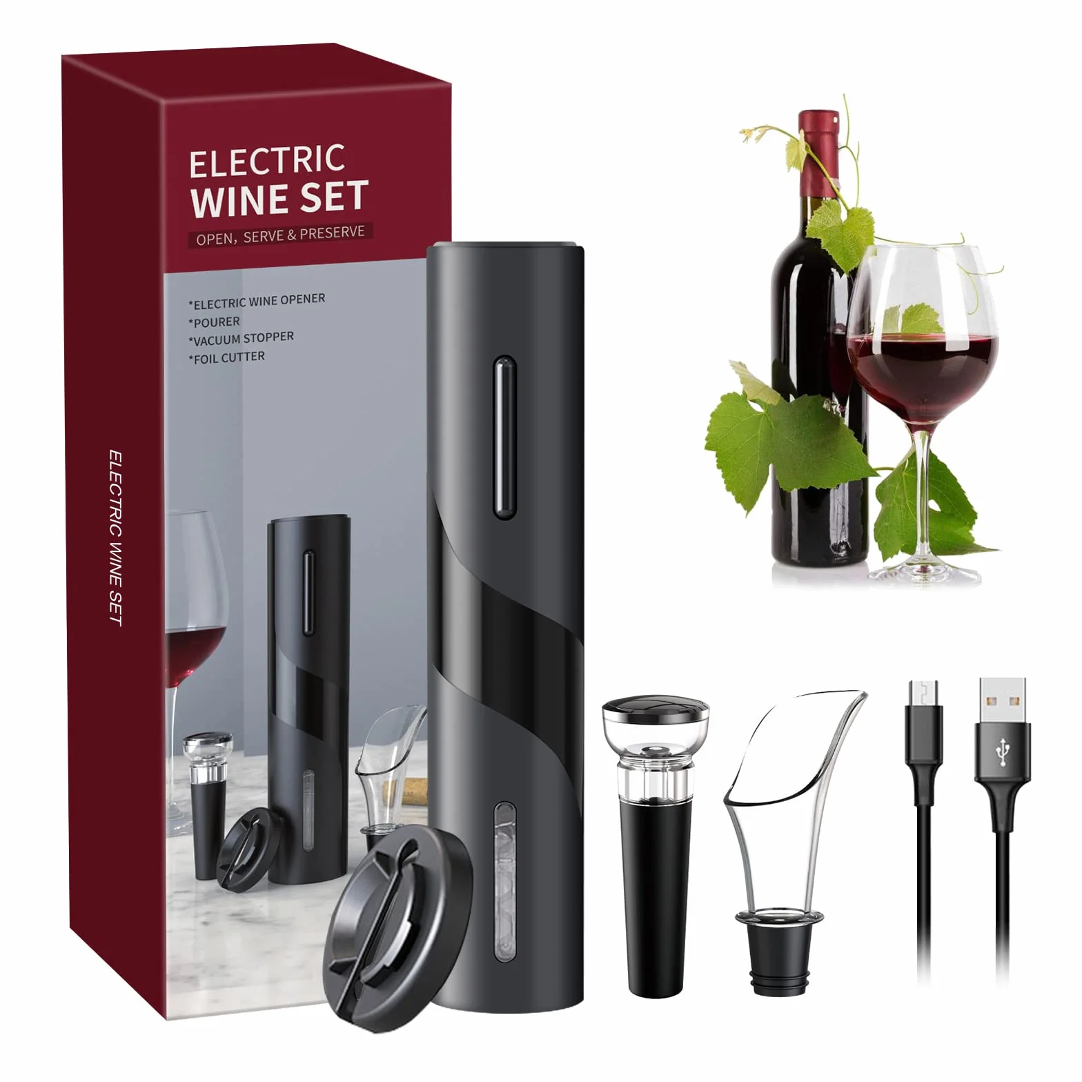 Cavatappi Elettrico 4 In 1 Set Apribottiglie Vino con Ricarica USB, Tagliapasta Stagnola, Tappo Vuoto, Versatore Nero