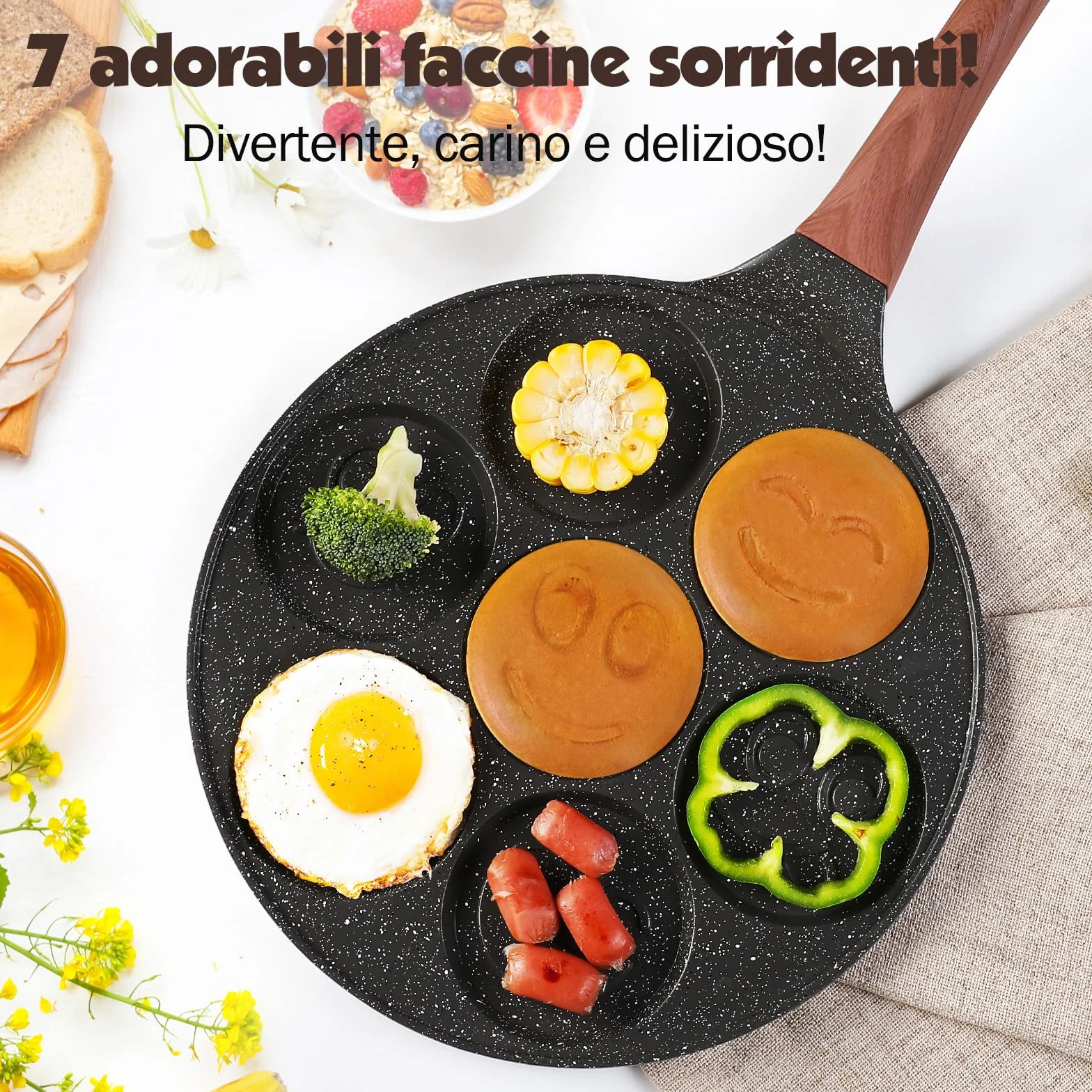 YASHE Pancake Padella per bambini con Smiley, 7 fori, in alluminio pressofuso, perfetta per la colazione dei bambini, brunch, feste e festività