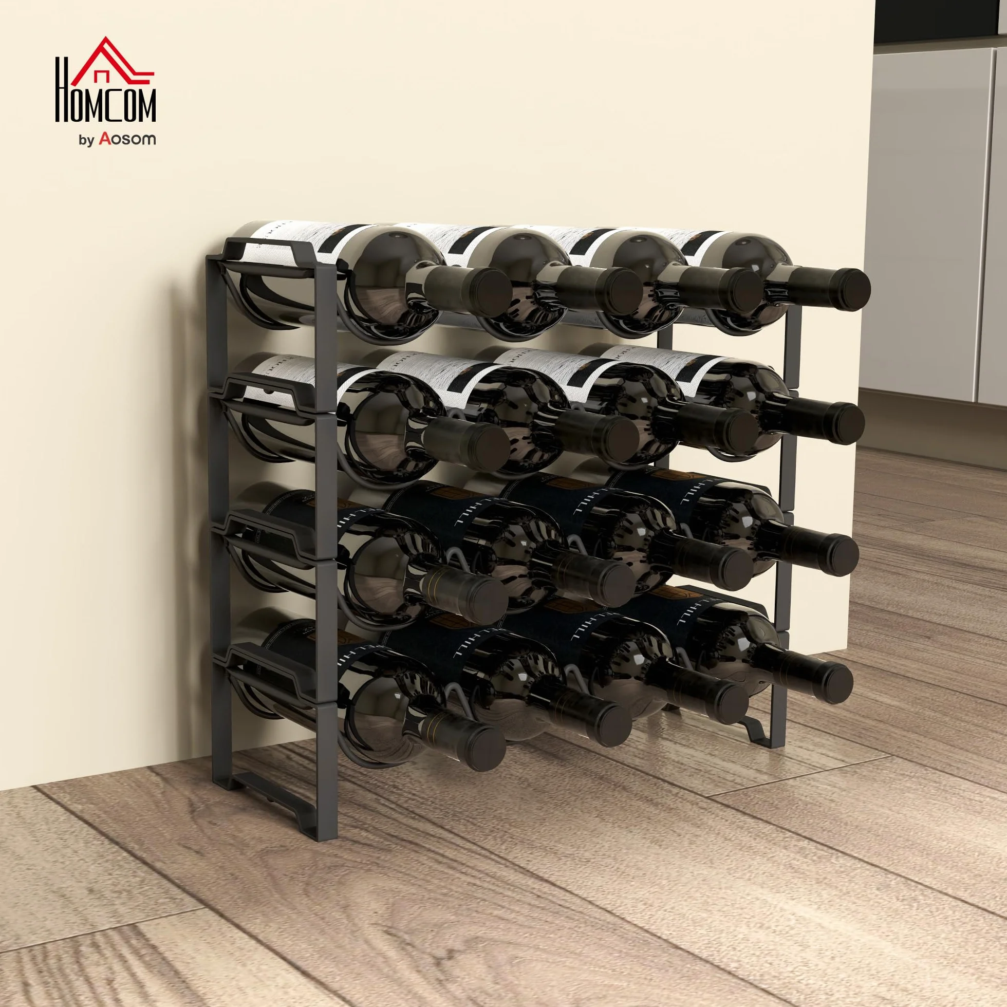 HOMCOM Portabottiglie Vino 4 Livelli Impilabili 16 Bottiglie Metallo 42.5x16.5x41 cm Nero