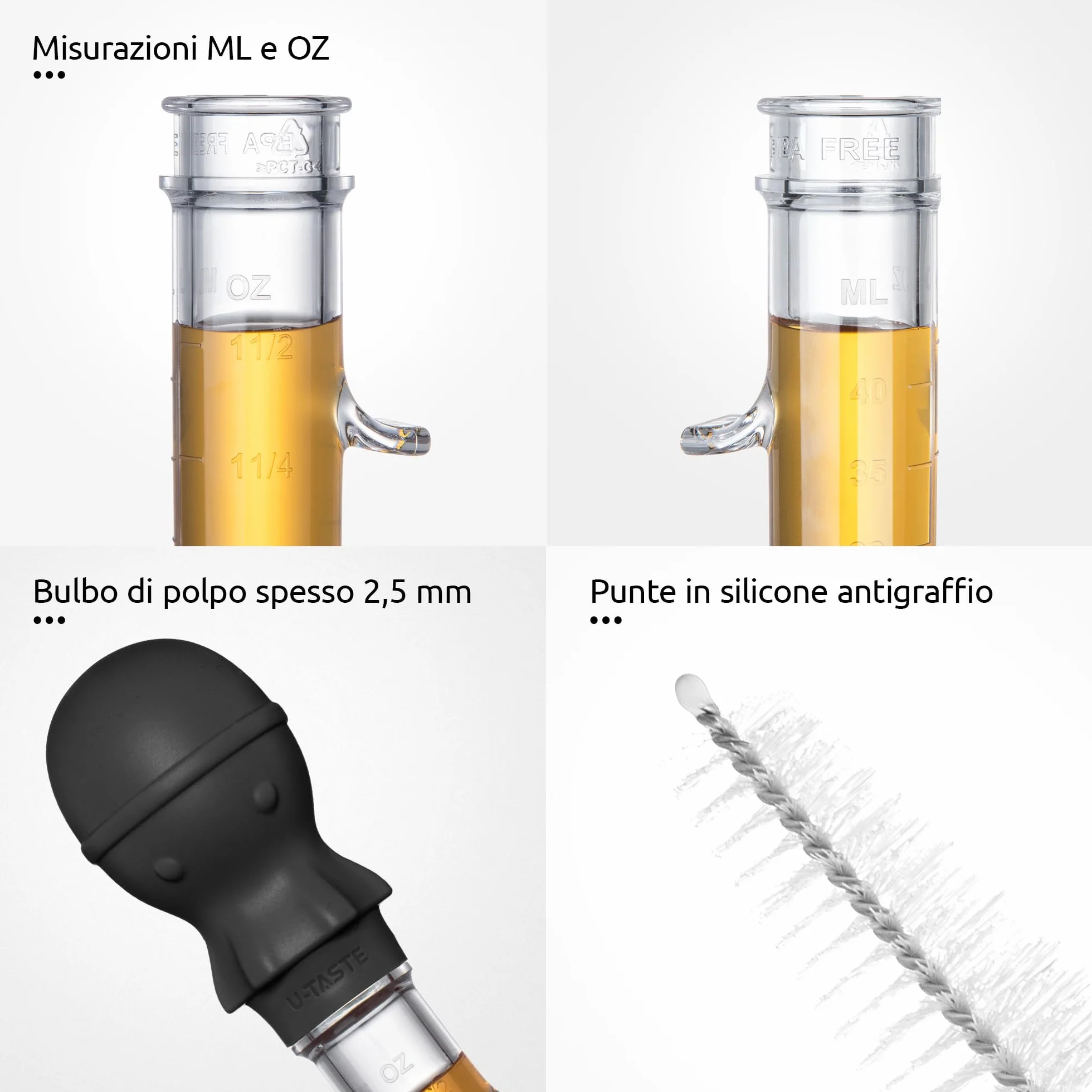 U-Taste Grande Baster per Tacchino Angolato 109℃ Resistente al Calore Pipetta per Grasso di Carne in Tritan con Bulbo di Polpo in Silicone 44 ml Nero
