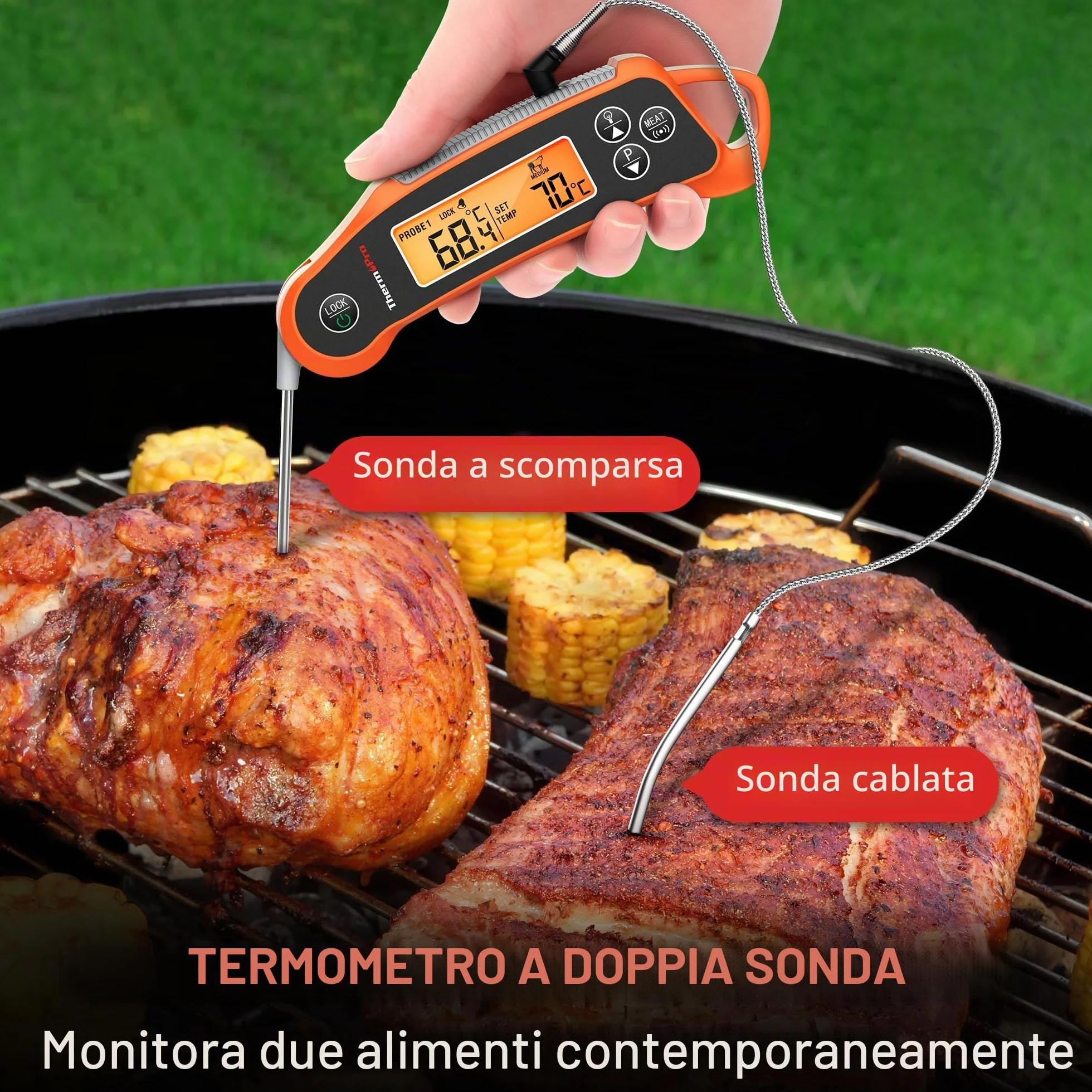 ThermoPro TP710 Termometro Cucina per Carne con Lettura Istantanea, Termometro Barbecue Impermeabile 2-in-1 con Doppia Sonda e Display a Doppia Temperatura per Forno, Grigliate, Affumicatore