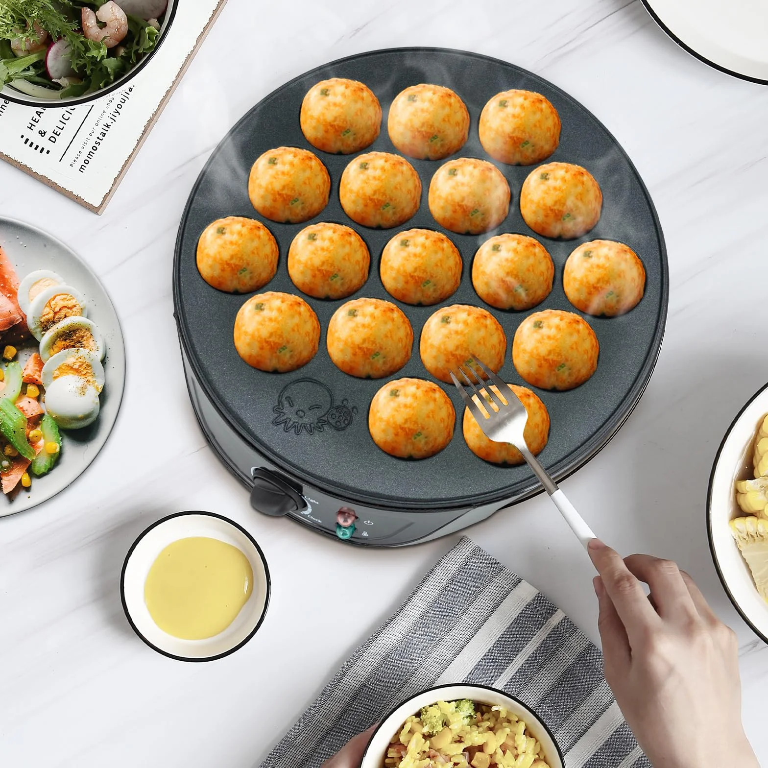 750W Takoyaki Maker Elettrico 18 Fori Antiaderente Nero Bistecchiera Poffertjes