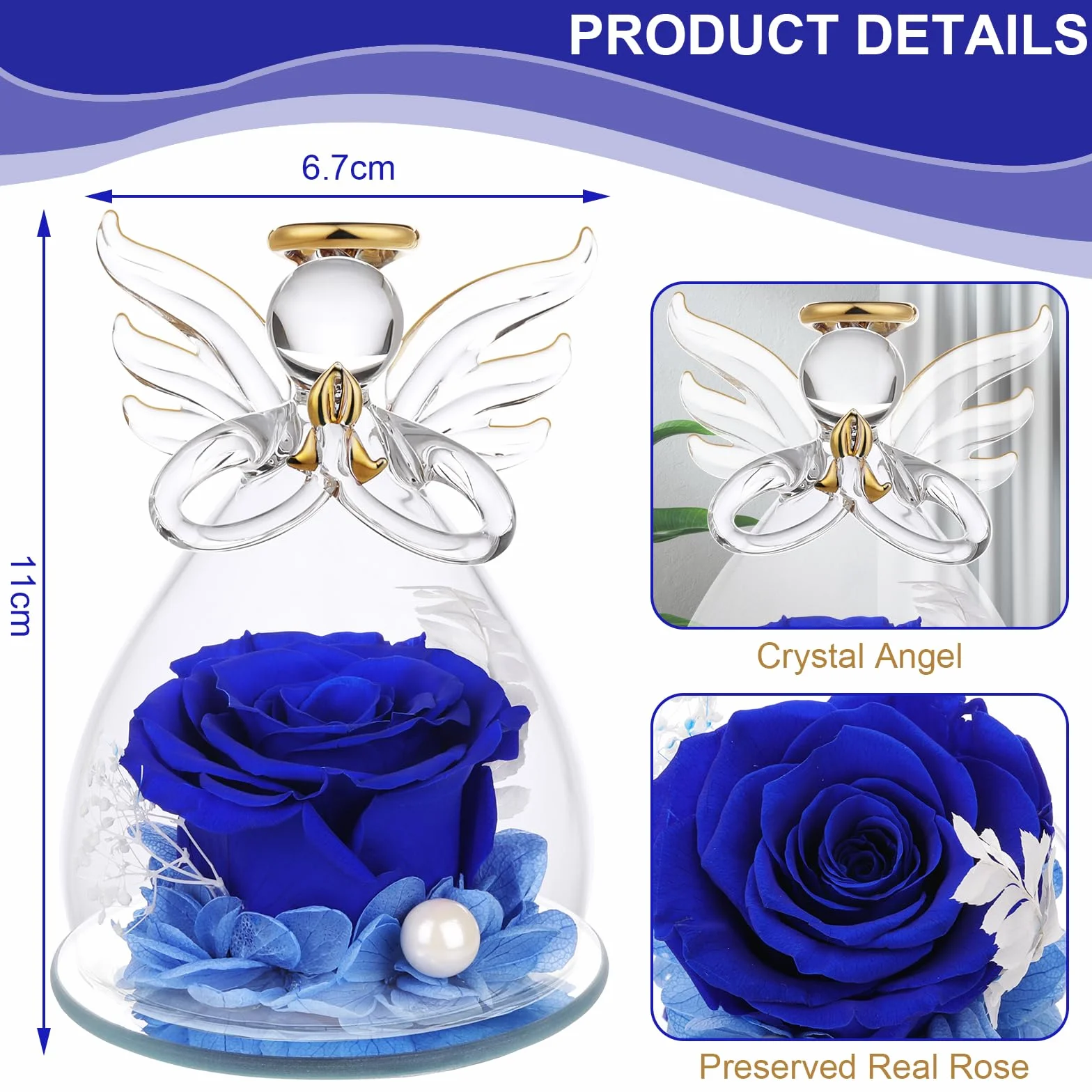 Rosa Stabilizzata Vera Regalo Mamma, Statuette Angeli in Vetro con Fiori Eterni